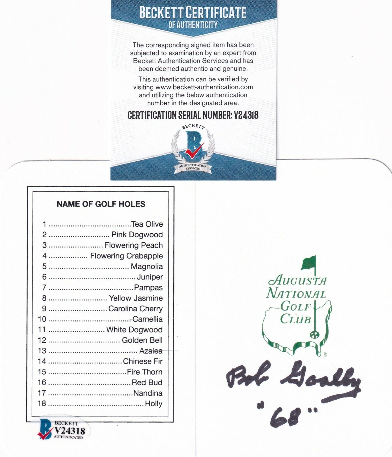 BOB GOALBY signed (AUGUSTA NATIONAL CLUB) Masters Scorecard BECKETT BAS V24318