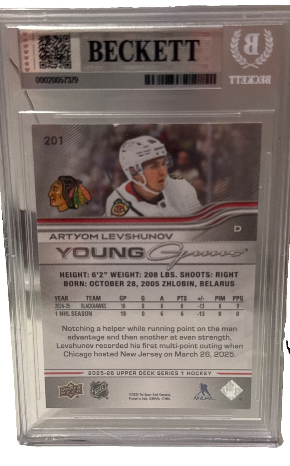 ARTYOM LEVSHUNOV signed 2025-26 Blackhawks Upper Deck Young Gun RC Card Beckett