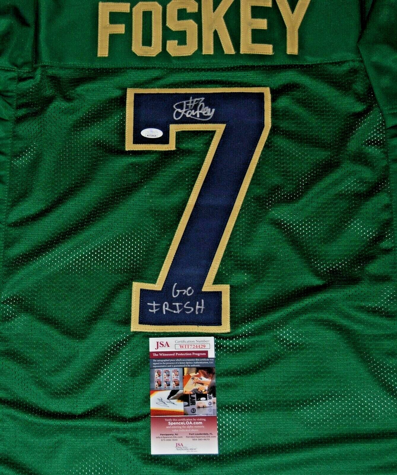 ISAIAH FOSKEY signed (NOTRE DAME FIGHTING IRISH) Go Irish Green XL jersey JSA