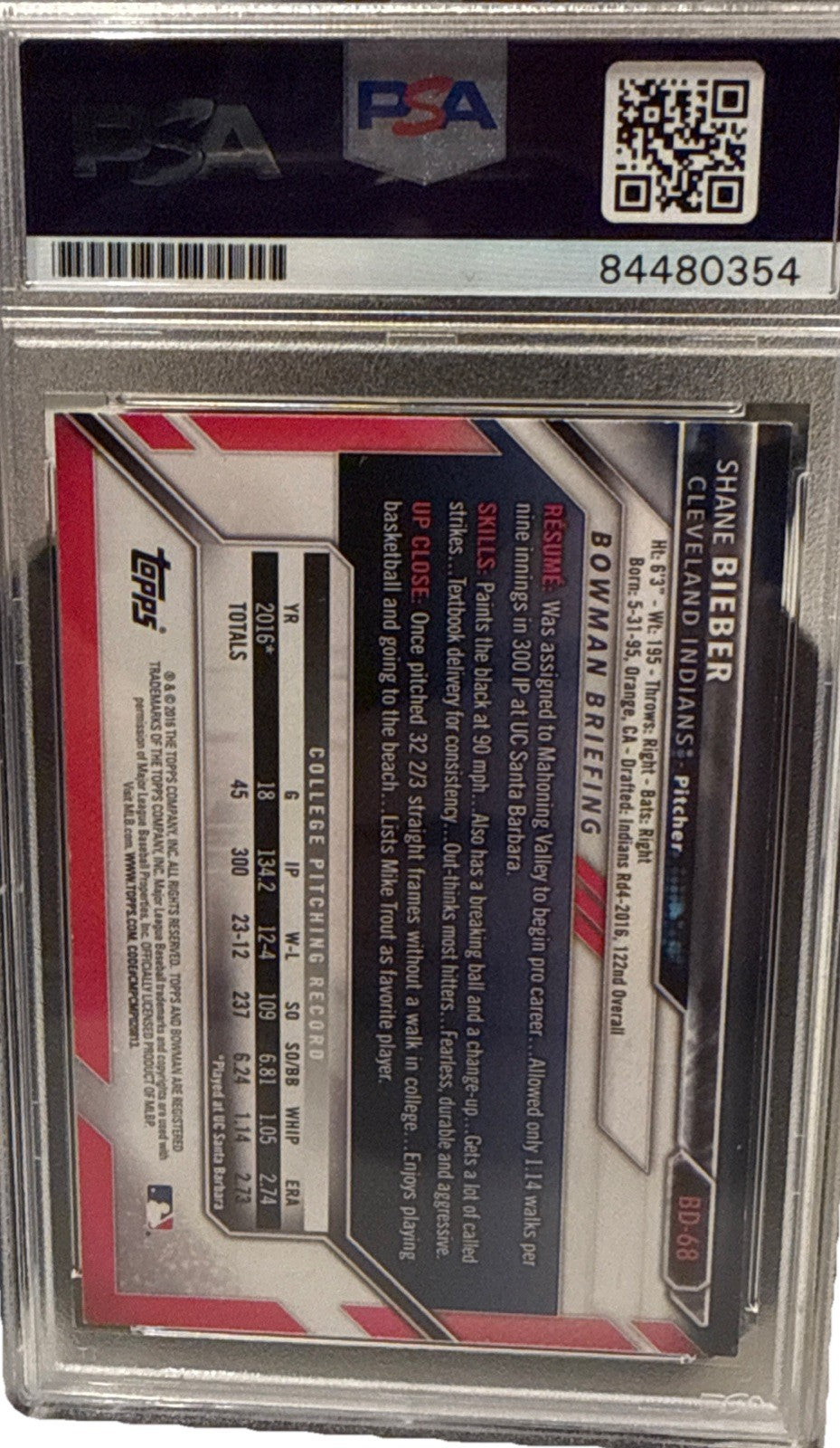 Shane Bieber signed 2021 Bowman 1st RC Cleveland Indians Card PSA/DNA 84480354