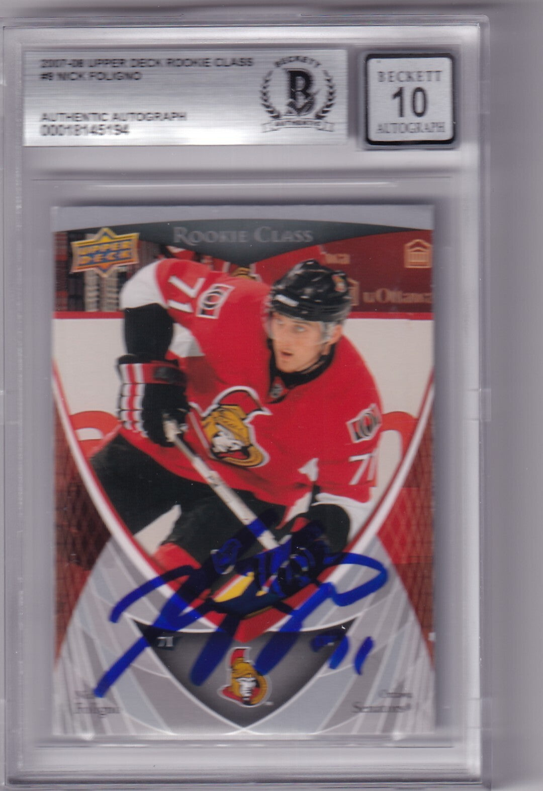 NICK FOLIGNO signed 2007-08 Upper Deck RC card *BLACKHAWKS* BECKETT 00018145194