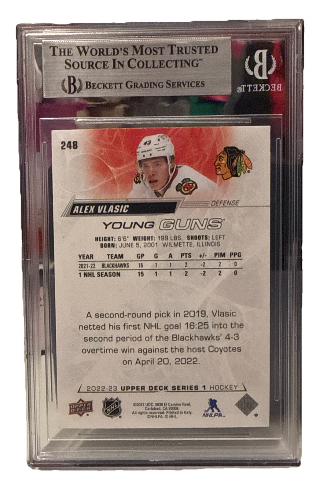 Alex Vlasic signed Blackhawks 22-23 UD Young Guns Card Beckett 248 00019287479