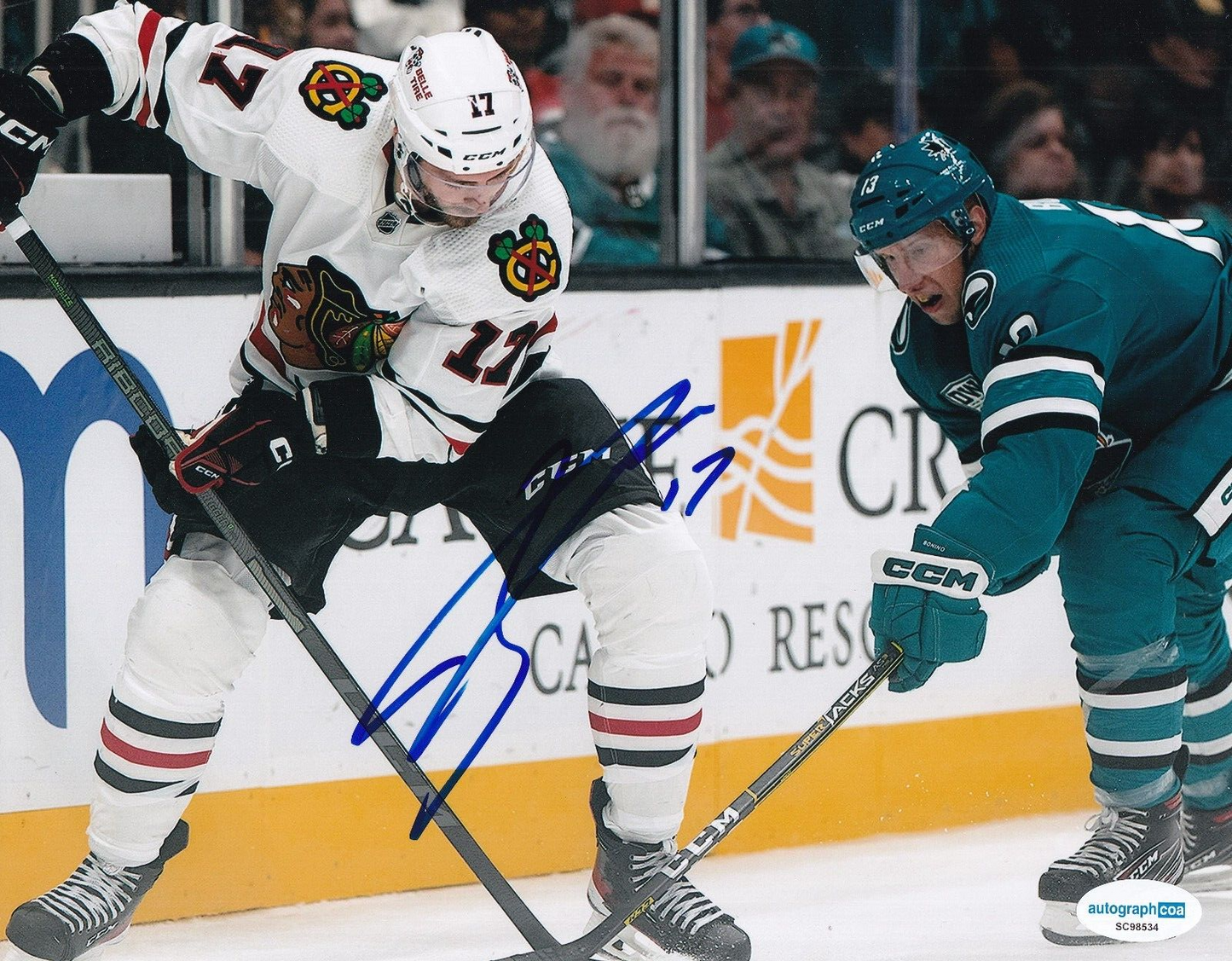 JASON DICKINSON signed (CHICAGO BLACKHAWKS) Hocket 8X10 photo ACOA SC98534