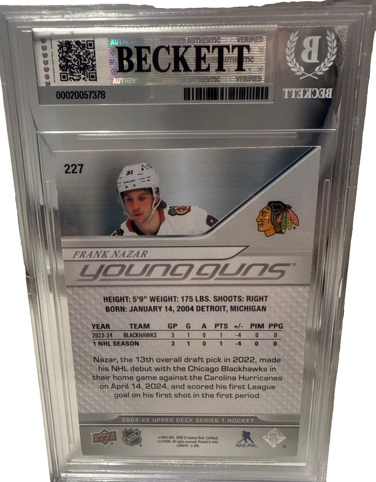 FRANK NAZAR signed 2024-25 Chicago Blackhawks Young Guns #227 card RC Beckett FN