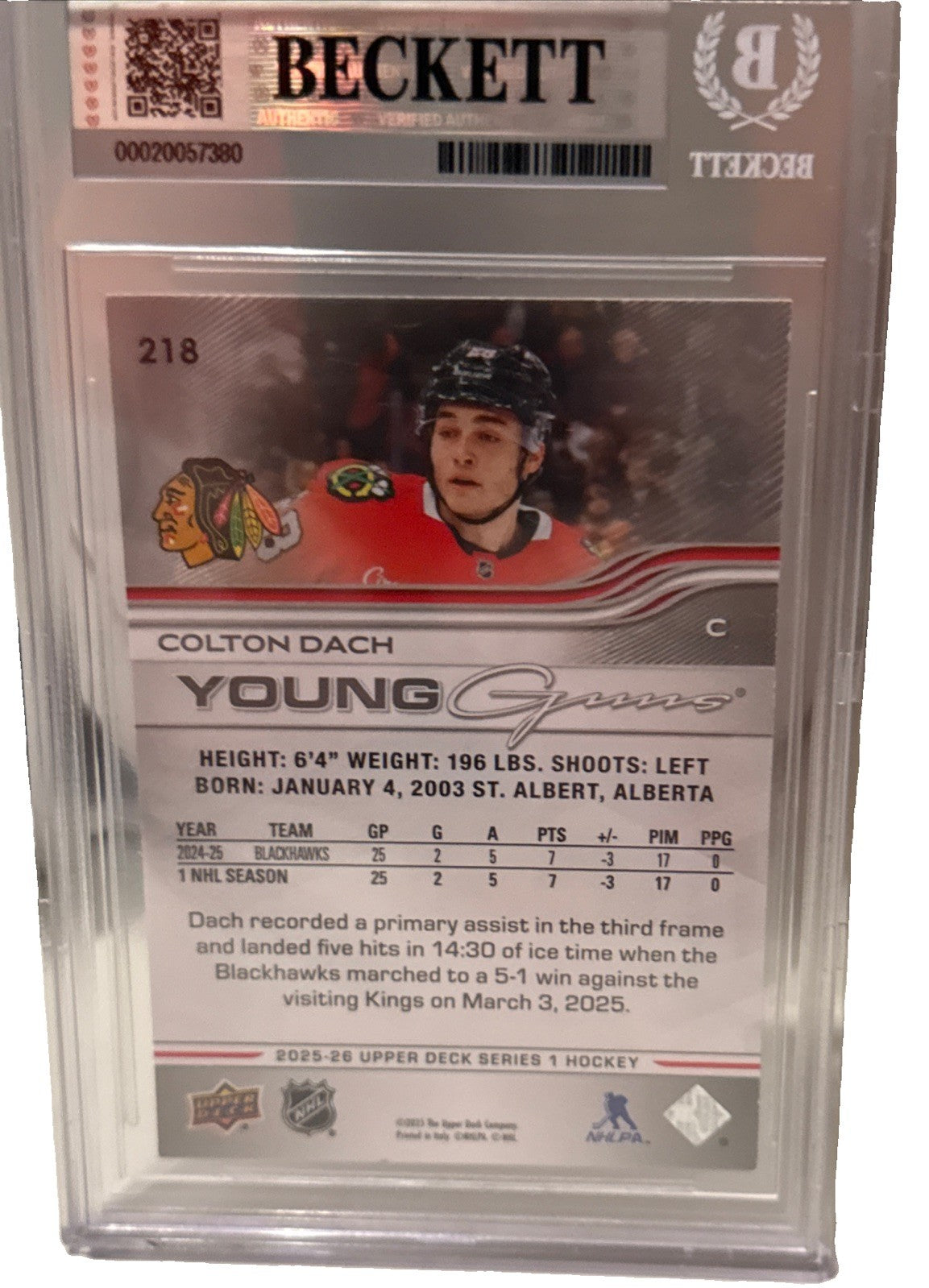 COLTON DACH signed Chicago Blackhawks 2025-26 Young Guns RC Card Beckett #218