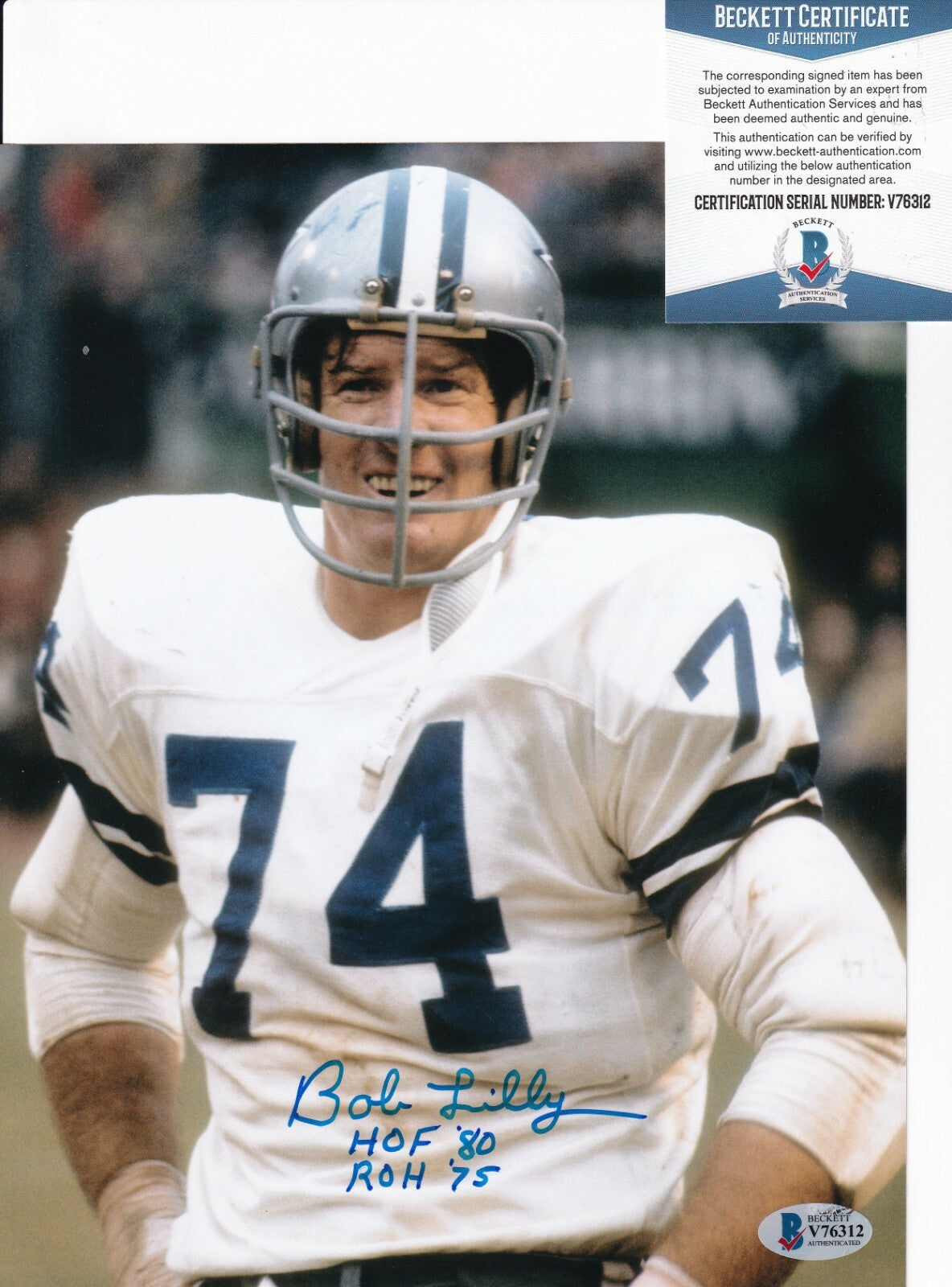 BOB LILLY signed (DALLAS COWBOYS) Football 8X10 photo HOF 80 BECKETT BAS V76312