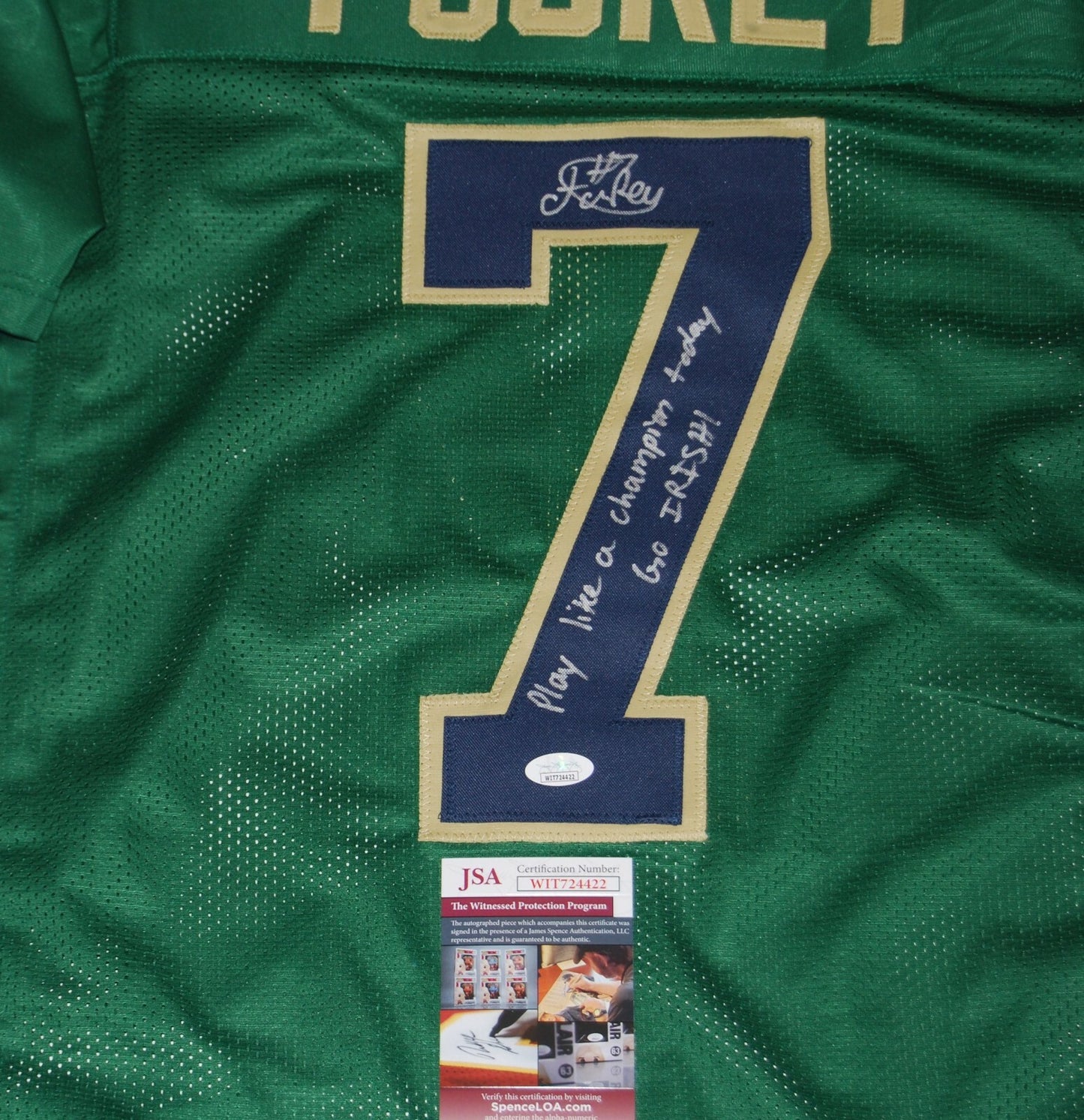 ISAIAH FOSKEY signed (NOTRE DAME FIGHTING IRISH) Go Irish Green PLCT jersey JSA