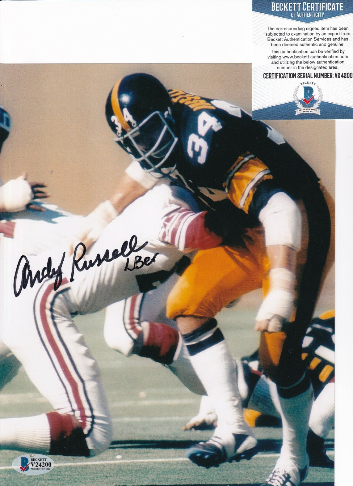 ANDY RUSSELL signed (PITTSBURGH STEELERS) Football 8X10 photo BECKETT V24200