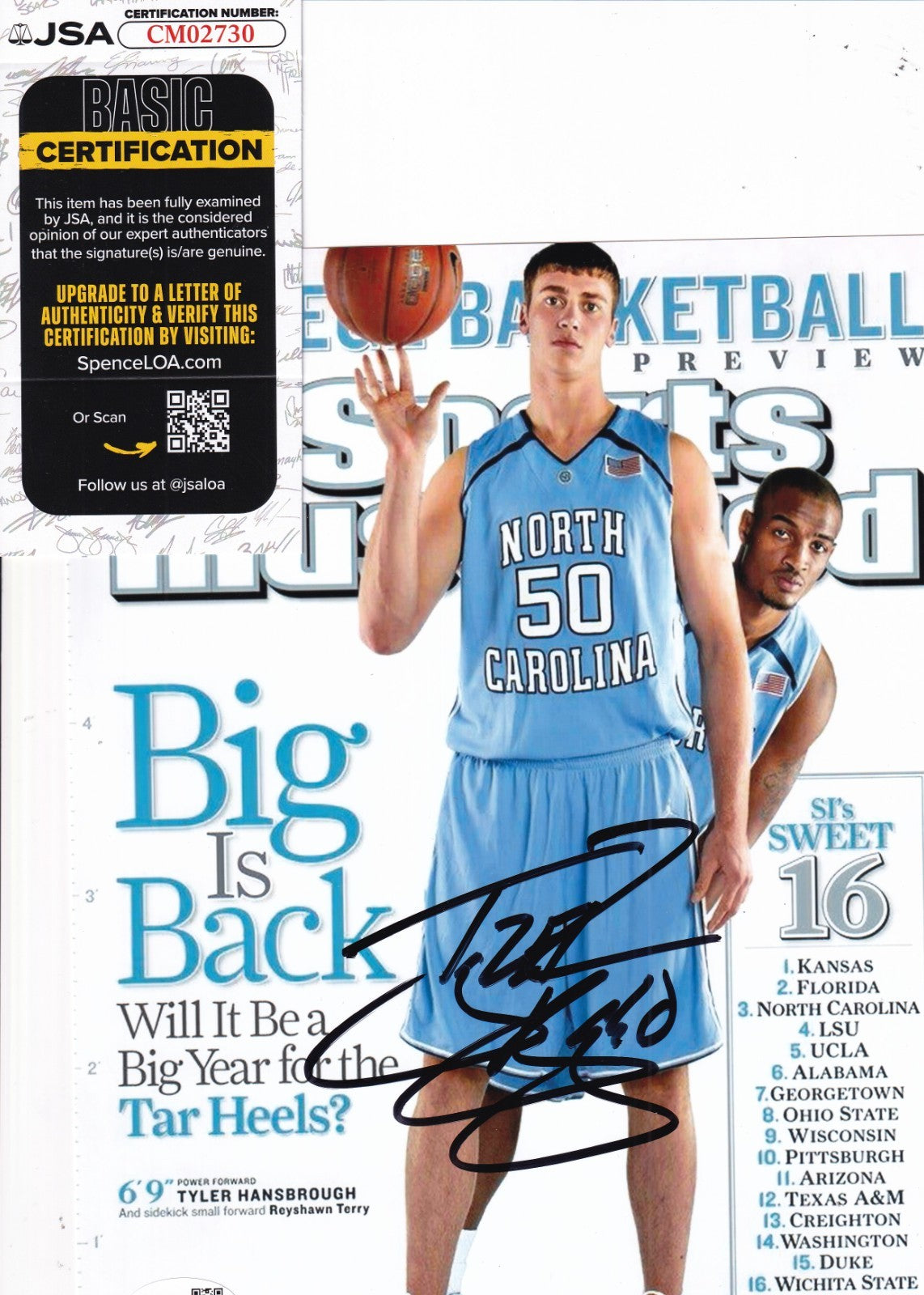 TYLER HANSBROUGH signed (NORTH CAROLINA TAR HEELS) 8X10 photo JSA CM02730