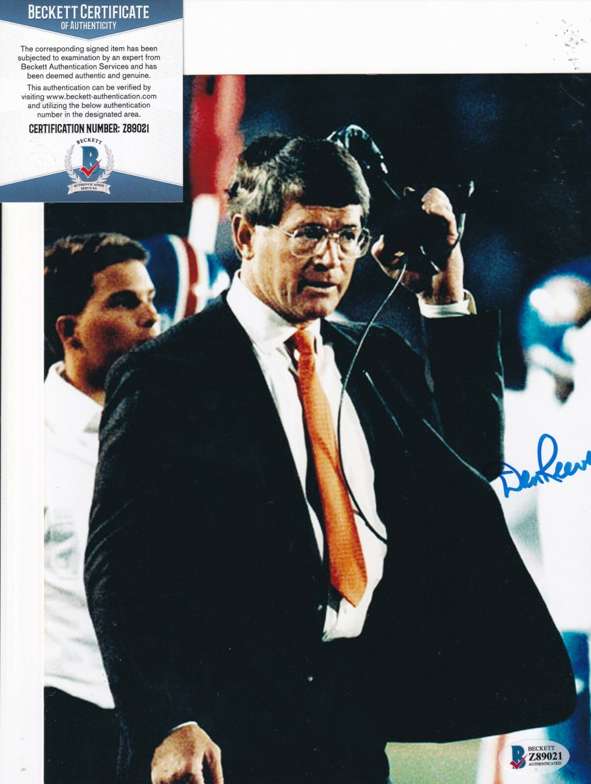 DAN REEVES signed (DENVER BRONCOS) Football 8X10 photo BECKETT BAS Z89021