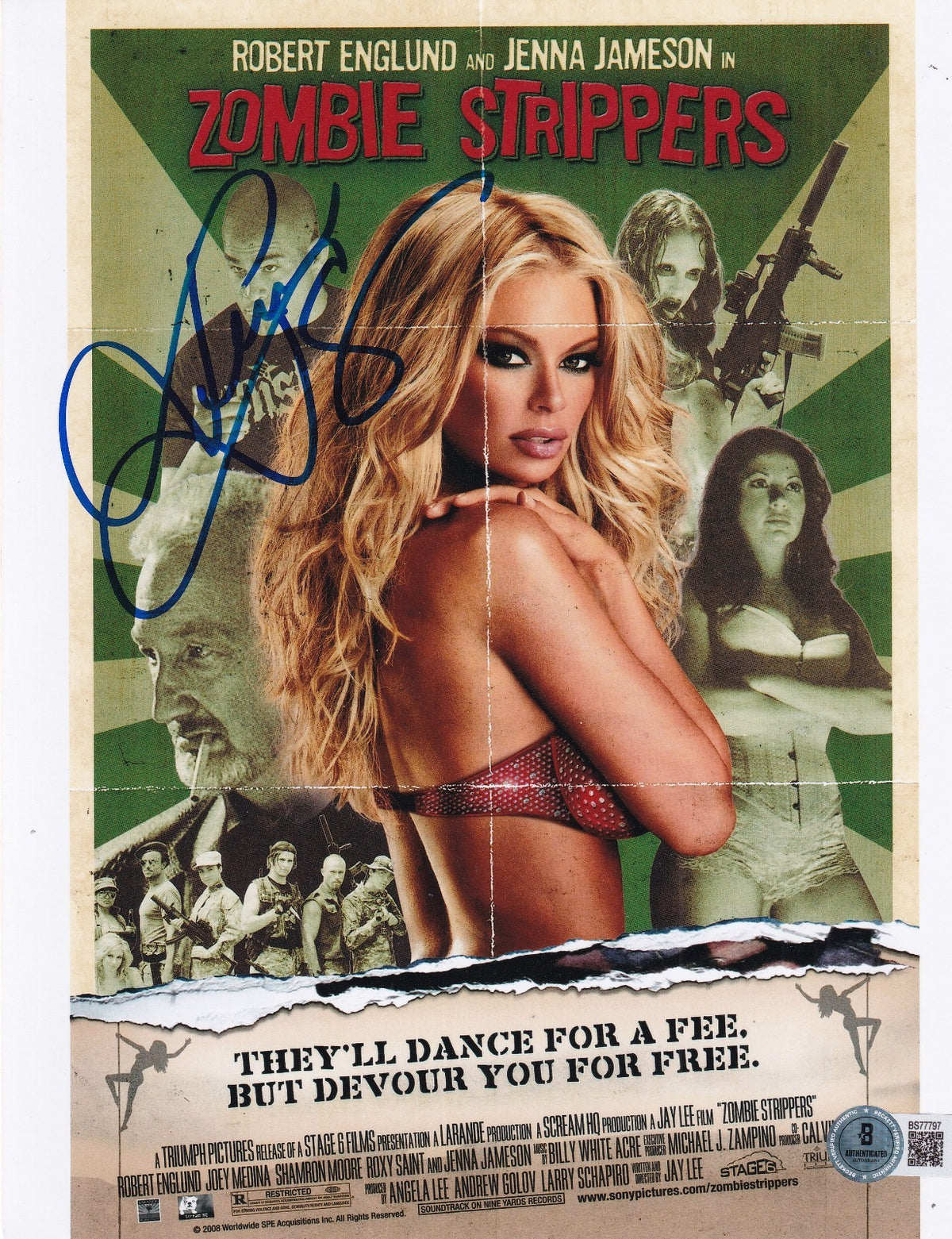 JENNA JAMESON signed (ZOMBIE STRIPPERS) Adult Film 8X10 photo BECKETT BS77797
