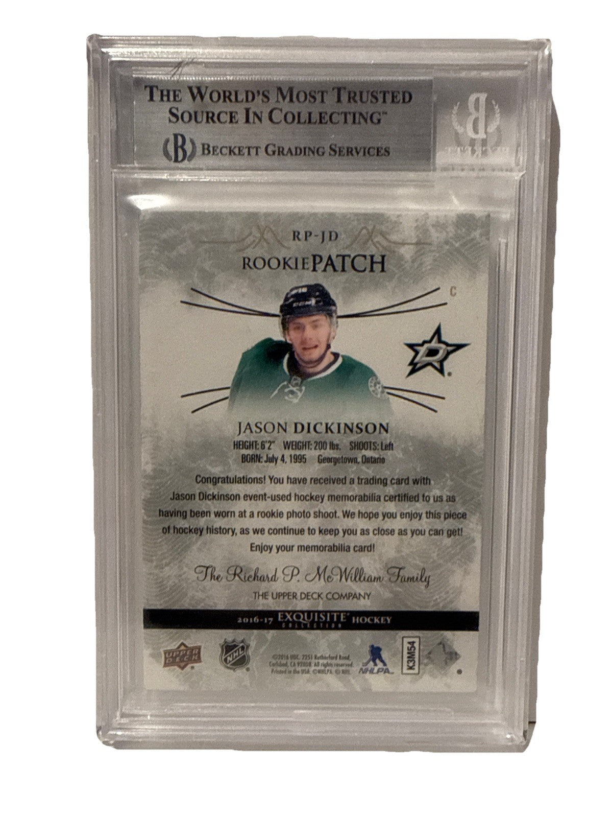 Jason Dickinson signed 2016-17 Dallas Stars Exquisite Rookie Patch Card Beckett