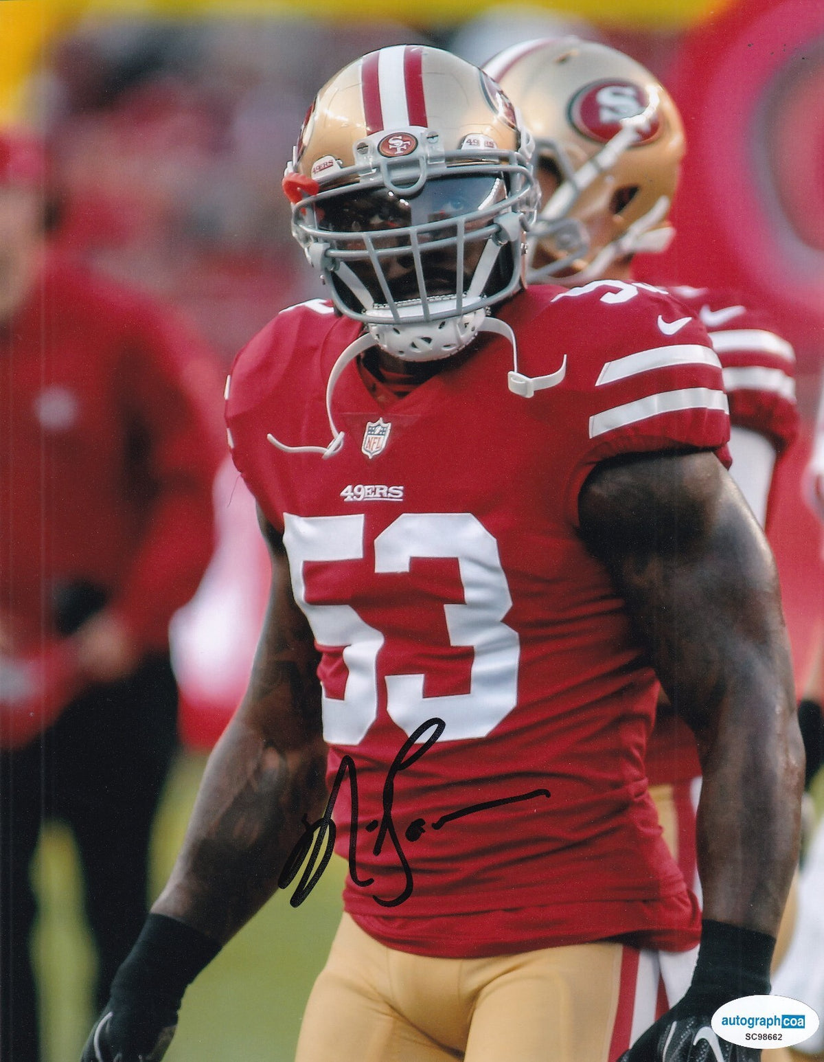 NAVORRO BOWMAN signed (SAN FRANCICO 49ERS) football 8X10 photo ACOA SC98662