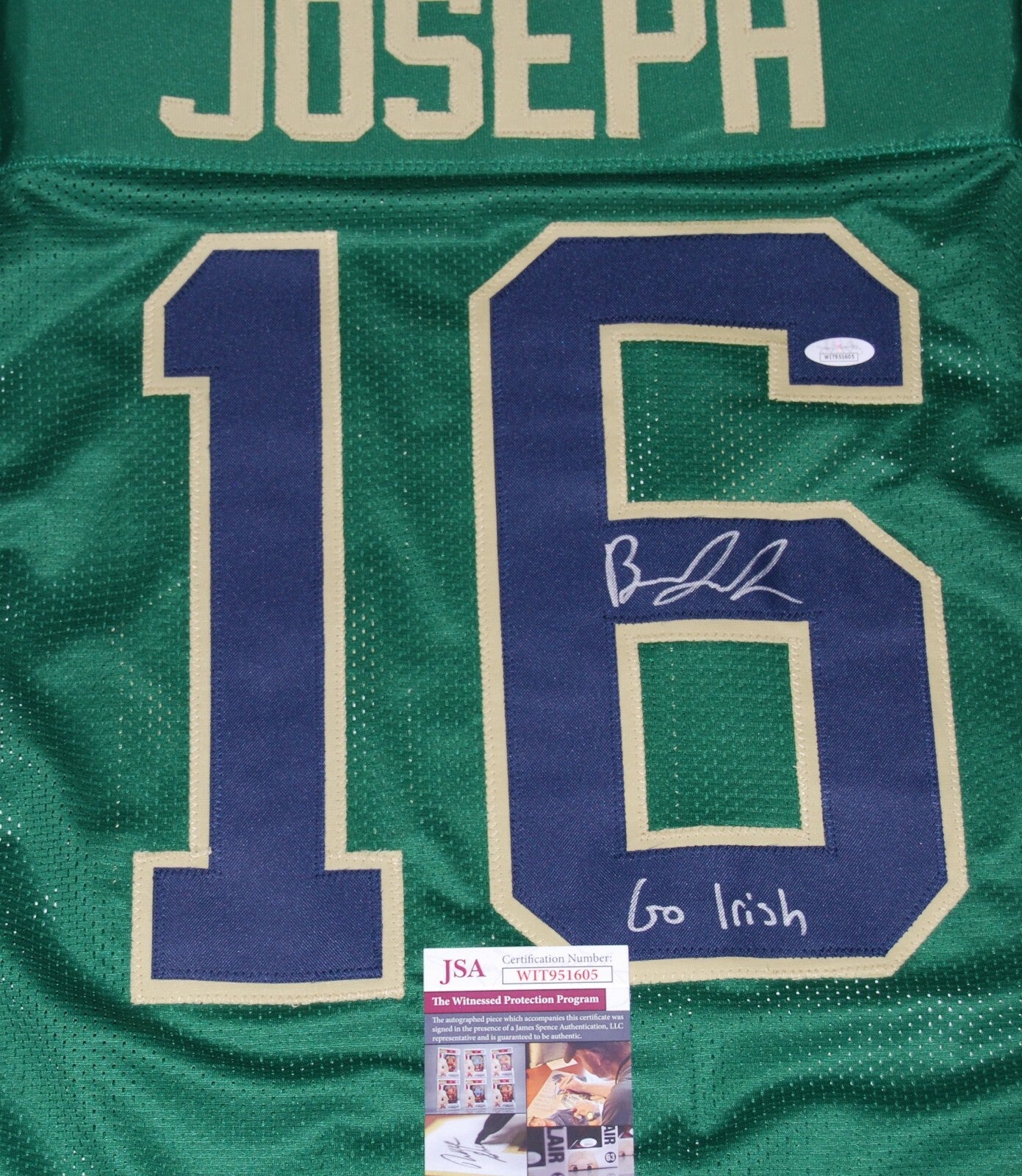 BRANDON JOSEPH signed (NOTRE DAME FIGHTING IRISH) Go Irish! green jersey JSA