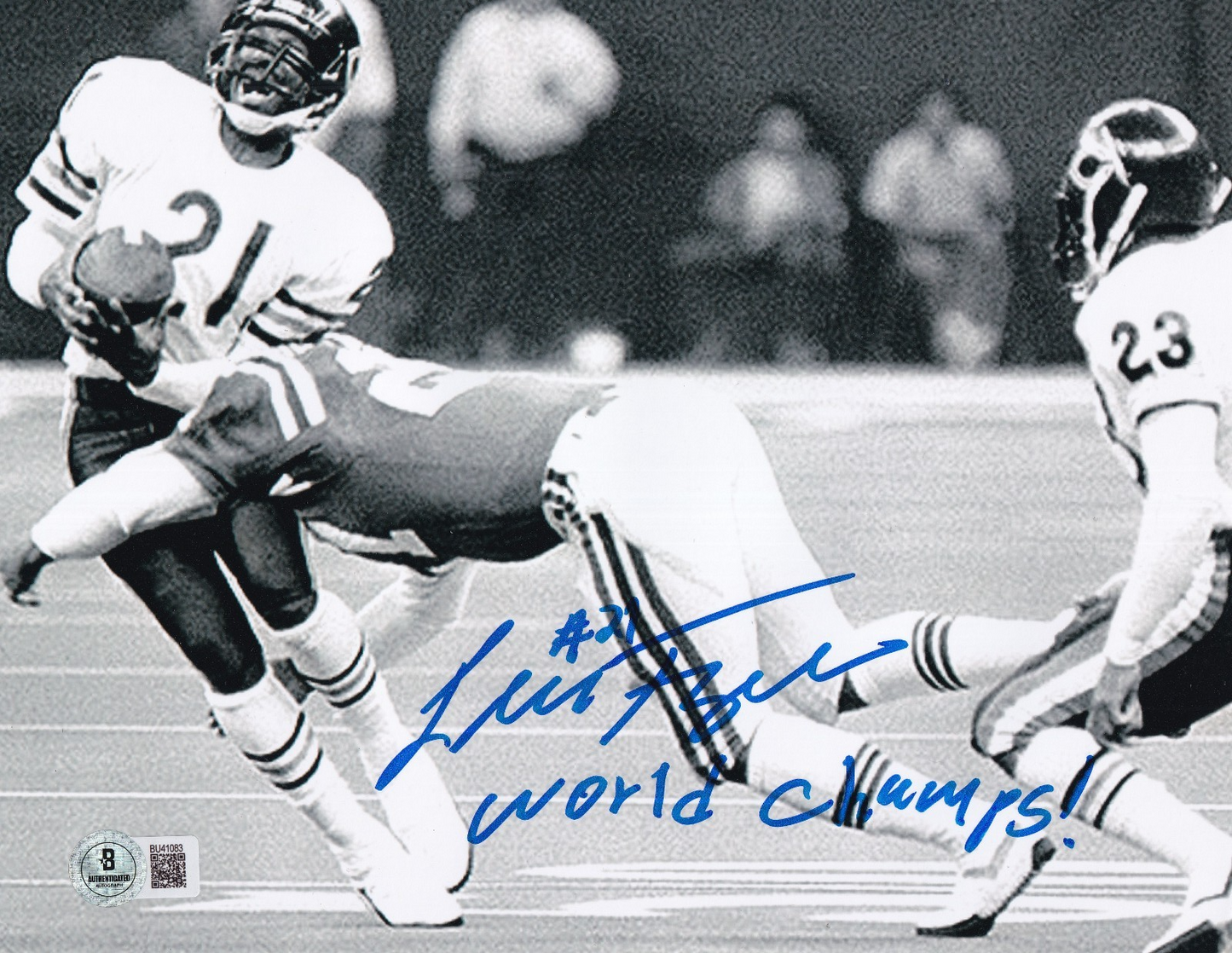 LESLIE FRAZIER signed (CHICAGO BEARS) football 8X10 photo BECKETT BAS BU41083