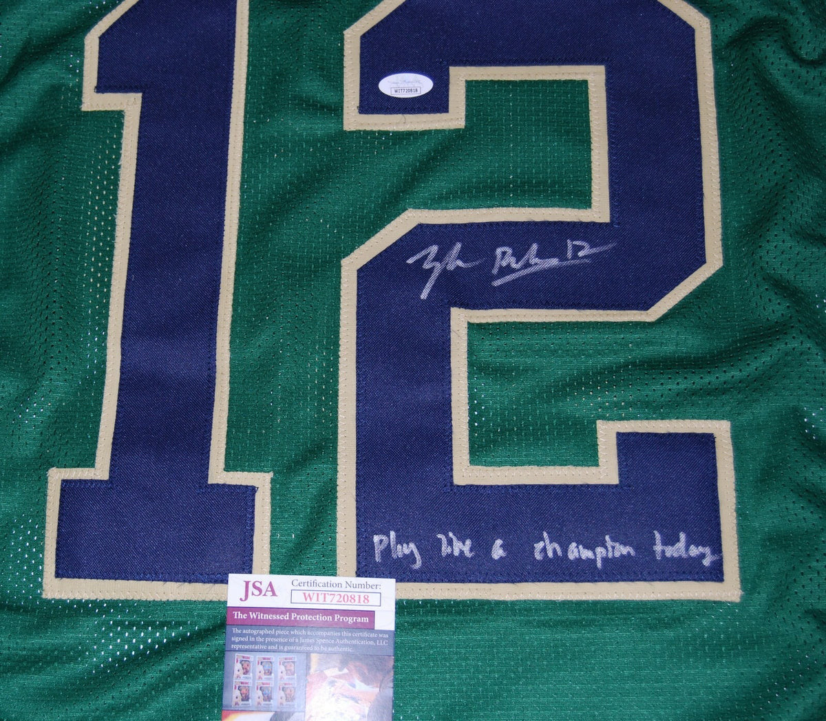 TYLER BUCHNER signed (NOTRE DAME FIGHTING IRISH) Iscrip GREEN jersey JSA Witness