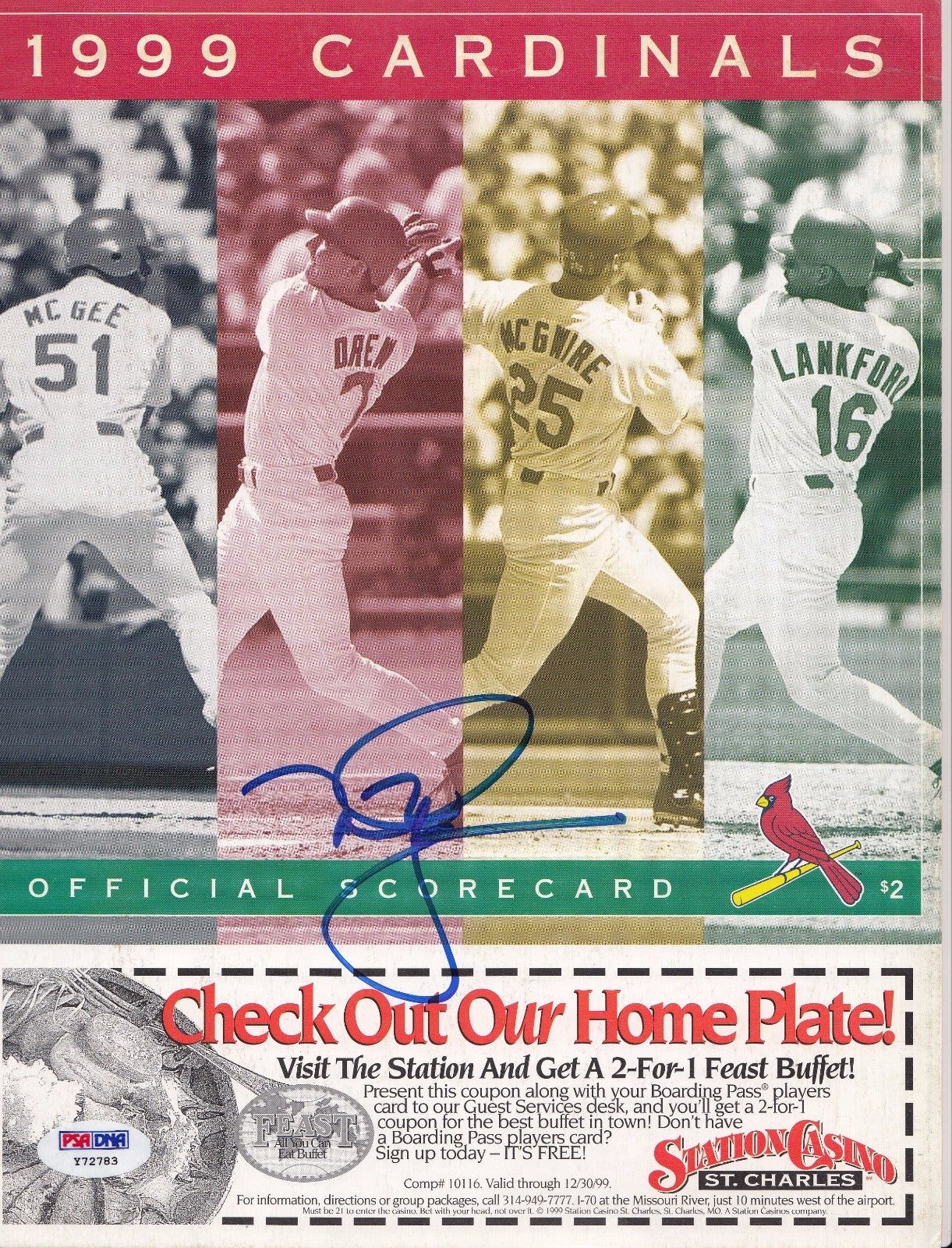 Mark McGwire autographed 500th Home Run Cardinals score card PSA/DNA (Y72783)