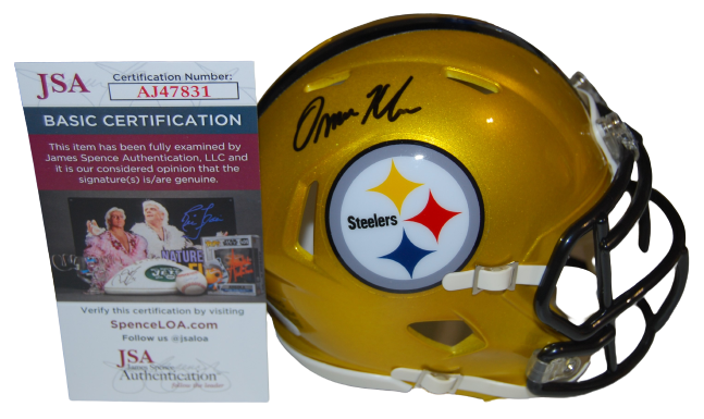 OMAR KHAN signed (PITTSBURGH STEELERS) Flash mini football helmet JSA AJ47831