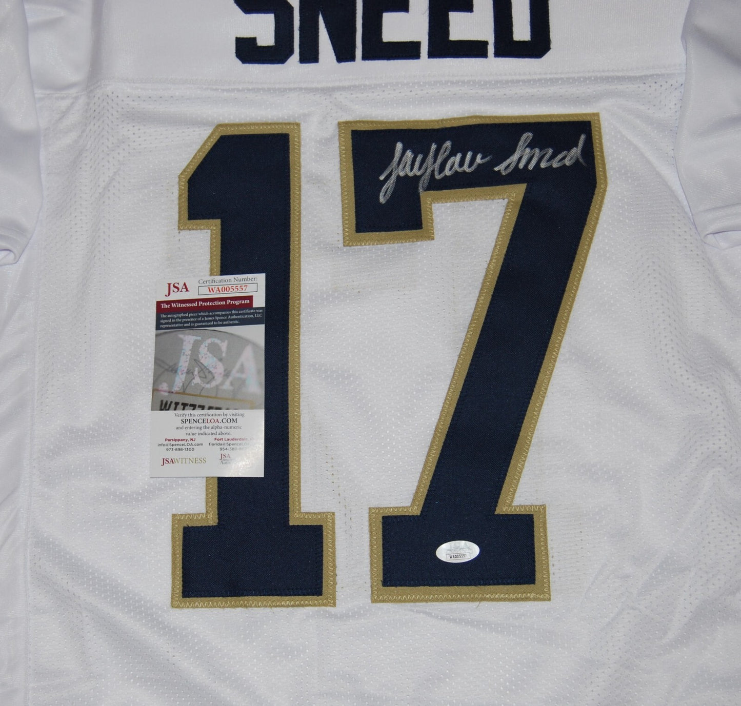 JAYLEN SNEED signed (NOTRE DAME FIGHTING IRISH) WHITE XL jersey JSA Witnessed