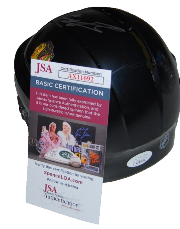 JASON DICKINSON signed (CHICAGO BLACKHAWKS) Mini Hockey Helmet JSA COA AX11692