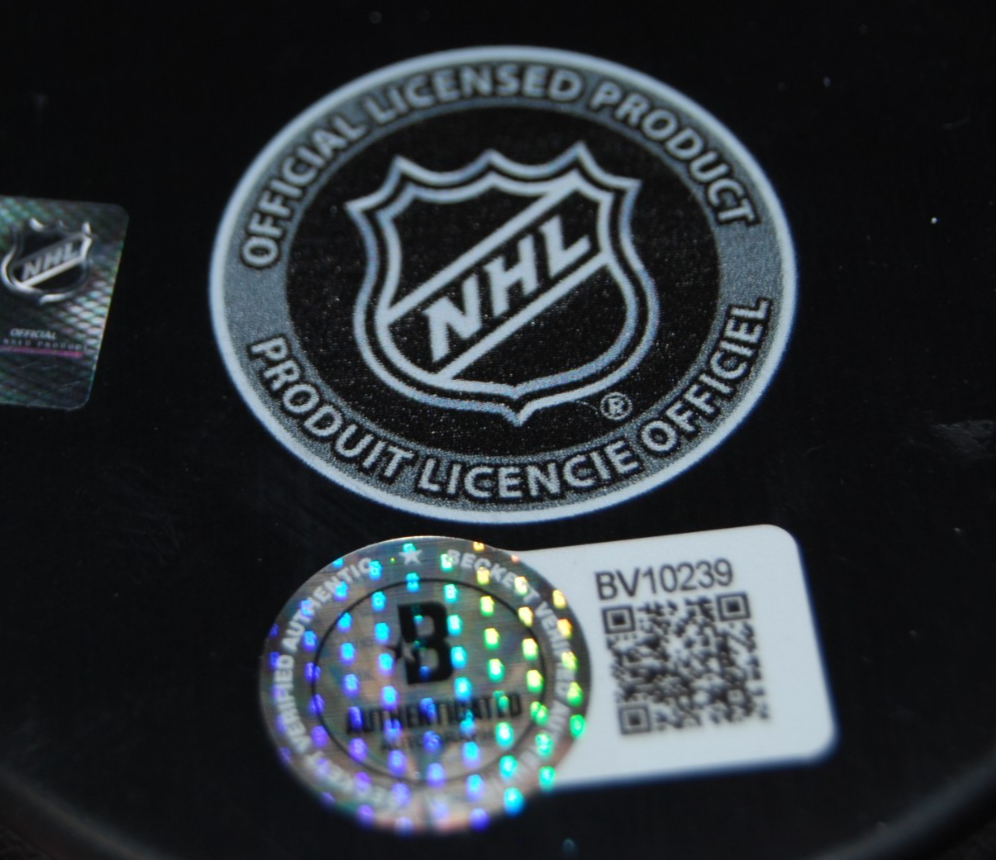 LOUIS CREVIER signed (CHICAGO BLACKHAWKS) 100th Anniversary puck BECKETT BV10239