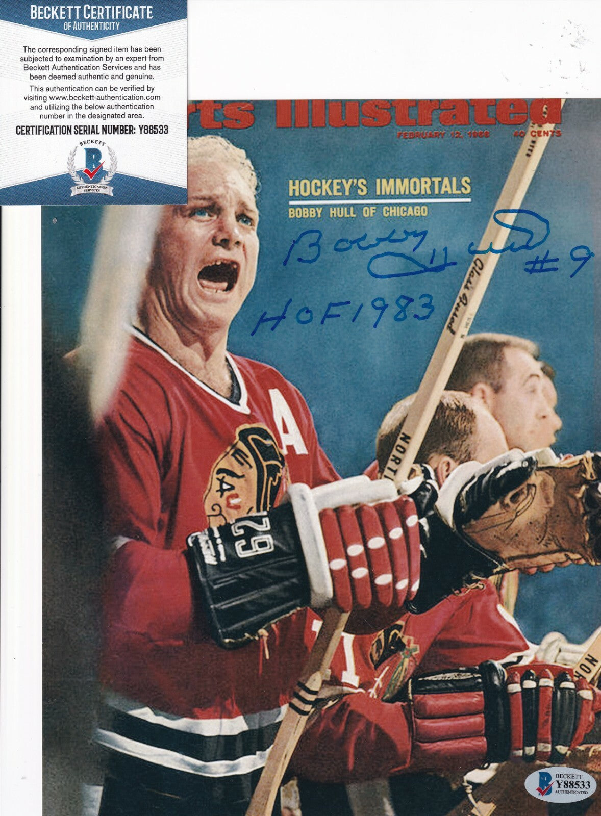 BOBBY HULL signed (CHICAGO BLACKHAWKS) Rare 8X10 photo BECKETT BAS Y88533