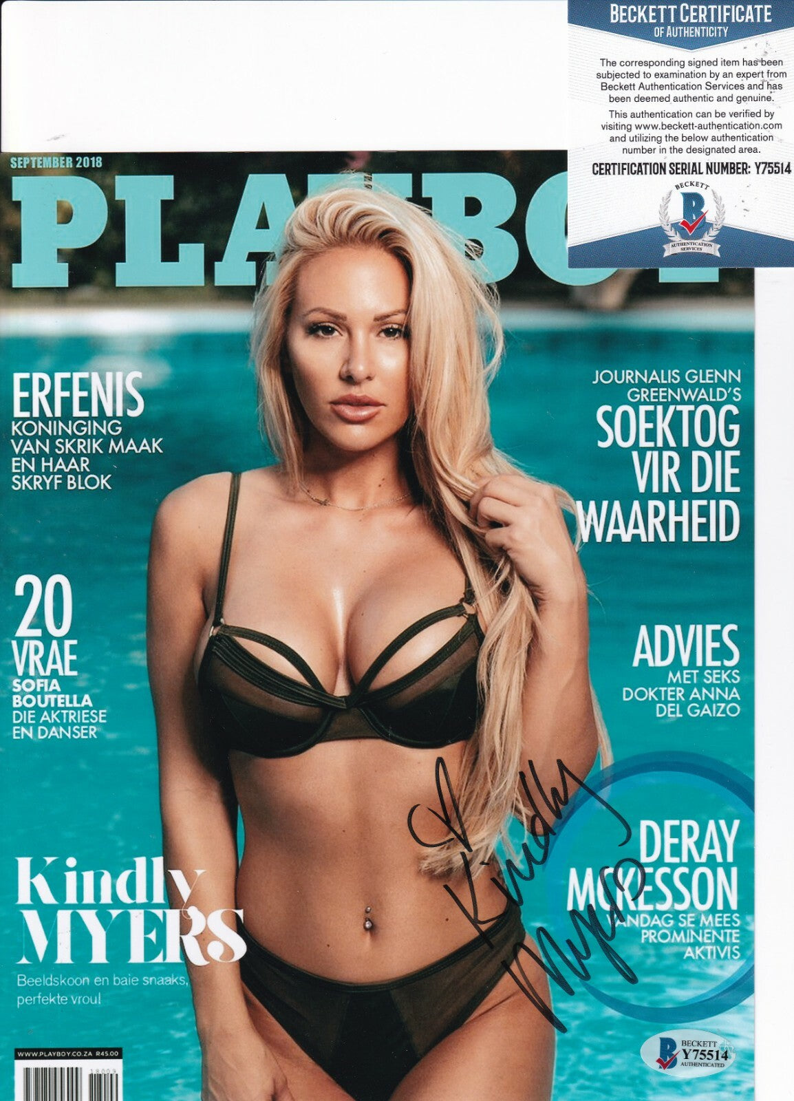 KINDLY MYERS signed (PLAYBOY PLAYMATE MODEL) 8X10 photo BECKETT BAS Y75514