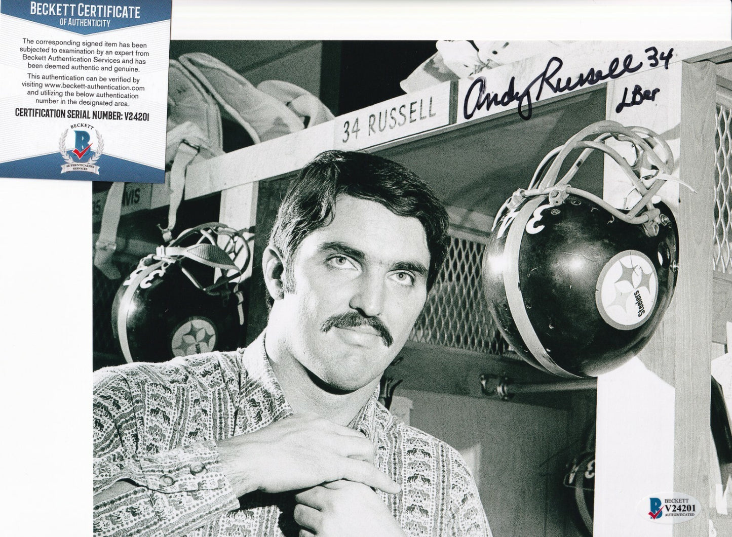 ANDY RUSSELL signed (PITTSBURGH STEELERS) Football 8X10 photo BECKETT V24201