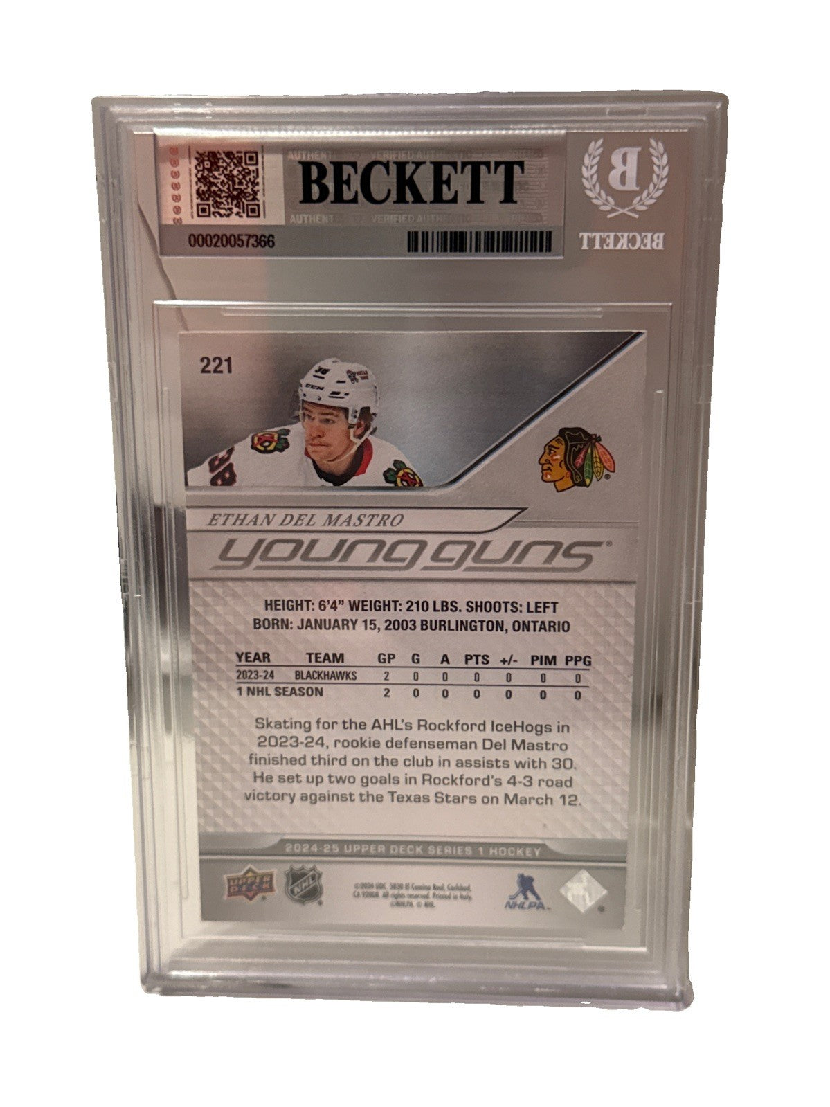 ETHAN DEL MASTRO signed Chicago Blackhawks 2024-25 Young Guns RC Card Beckett
