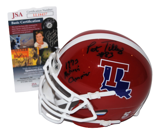 PAT TILLEY signed (LOUISINA TECH BULLDOGS) mini football helmet JSA LL184587