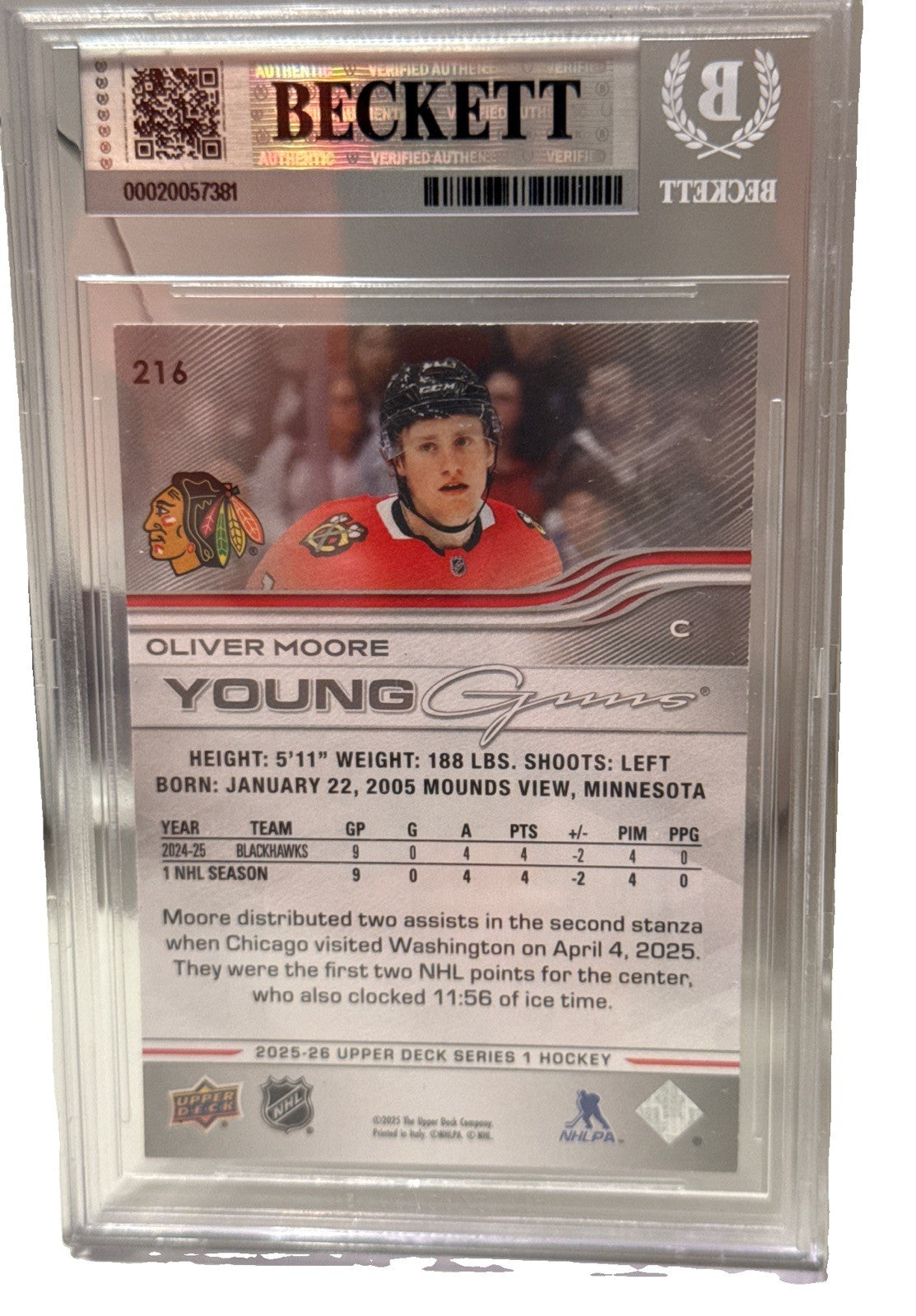 OLIVER MOORE Signed 2025-26 Blackhawks Upper Deck Young Gun RC Card Beckett #216