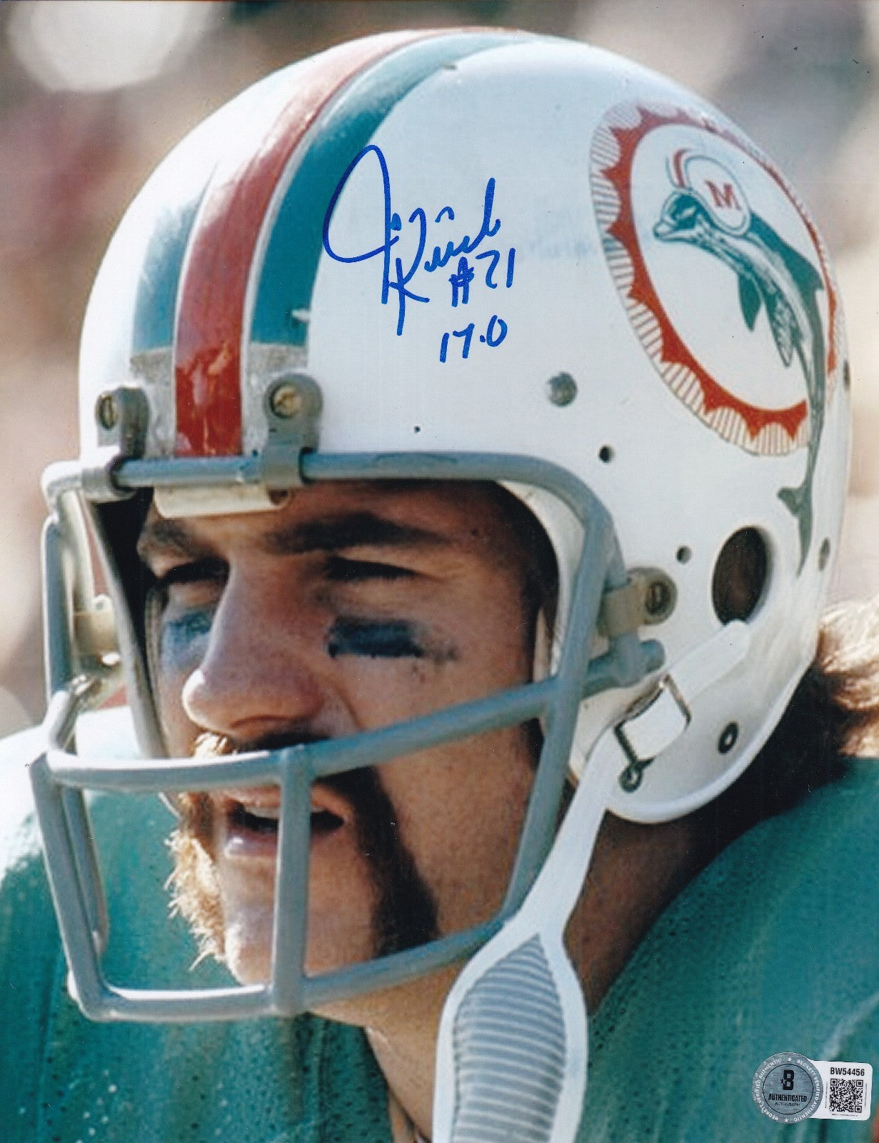 JIM KIICK signed (MIAMI DOLPHINS) football 8X10 photo BECKETT BAS BW54456