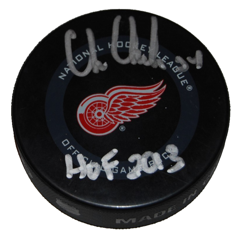 CHRIS CHELIOS signed (DETROIT RED WINGS) official game puck BECKETT BAS BR25954