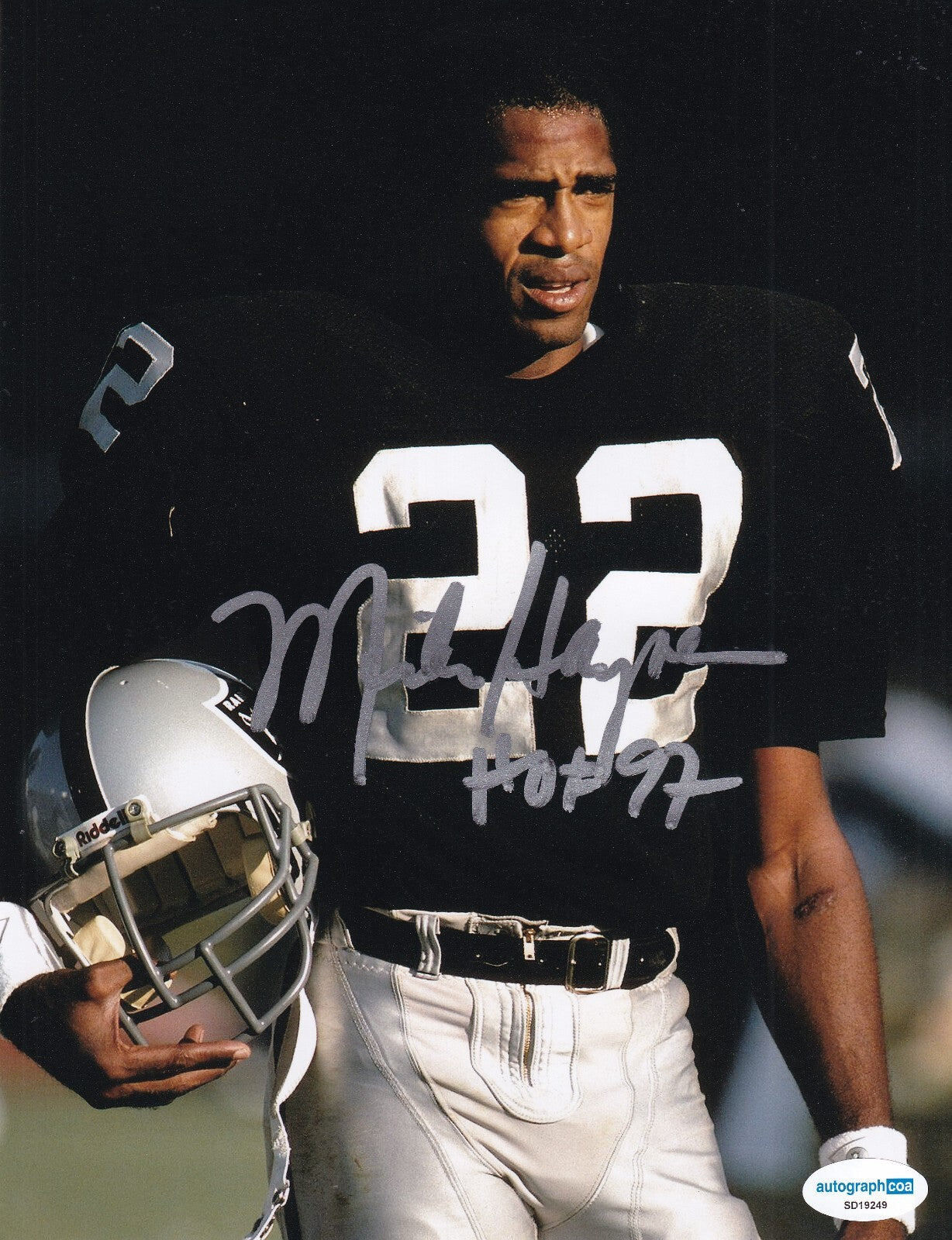 MIKE HAYNES signed (OAKLAND RAIDERS) Football HOF 97 8X10 photo ACOA SD19249