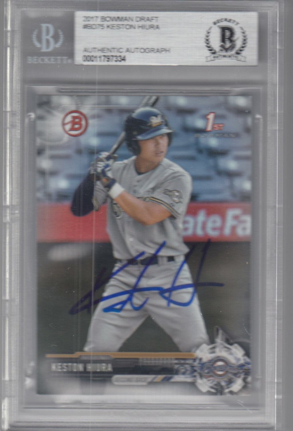 KESTON HIURA signed 2017 BOWMAN DRAFT #DB75 *BREWERS* card BECKETT (BAS)