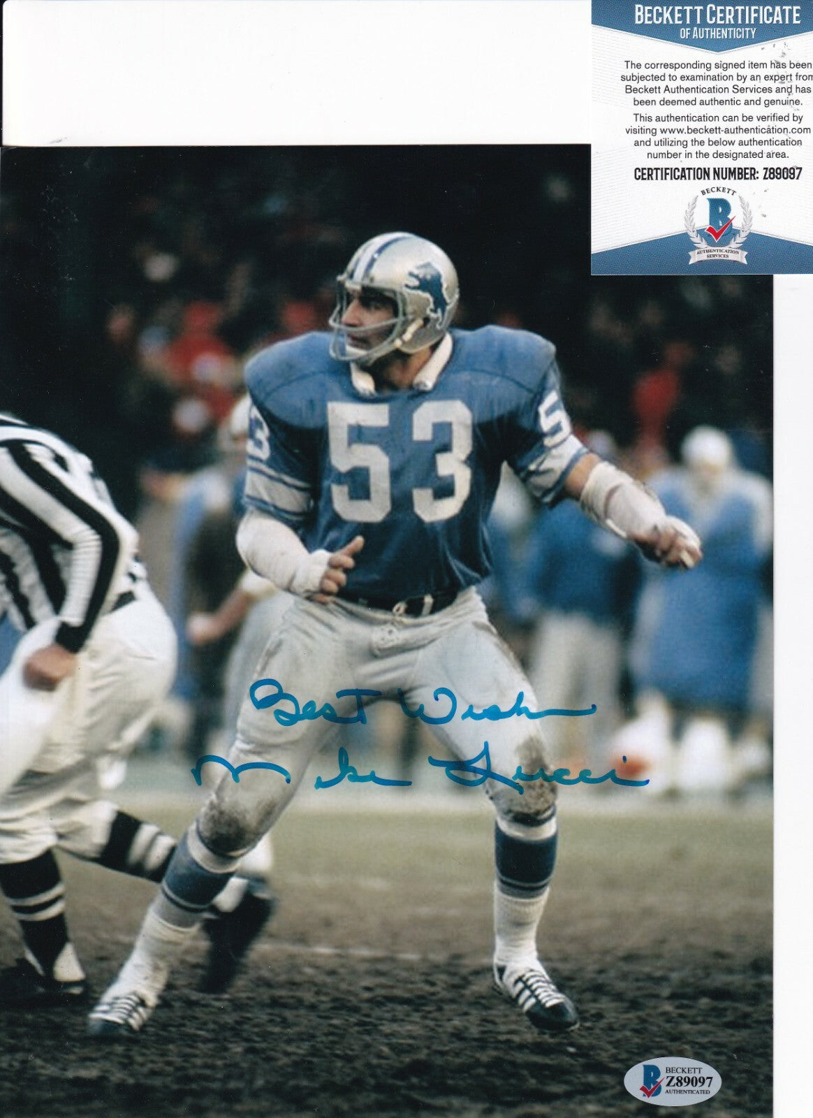 MIKE LUCCI signed (DETROIT LIONS) Football 8X10 photo BECKETT BAS Z89097