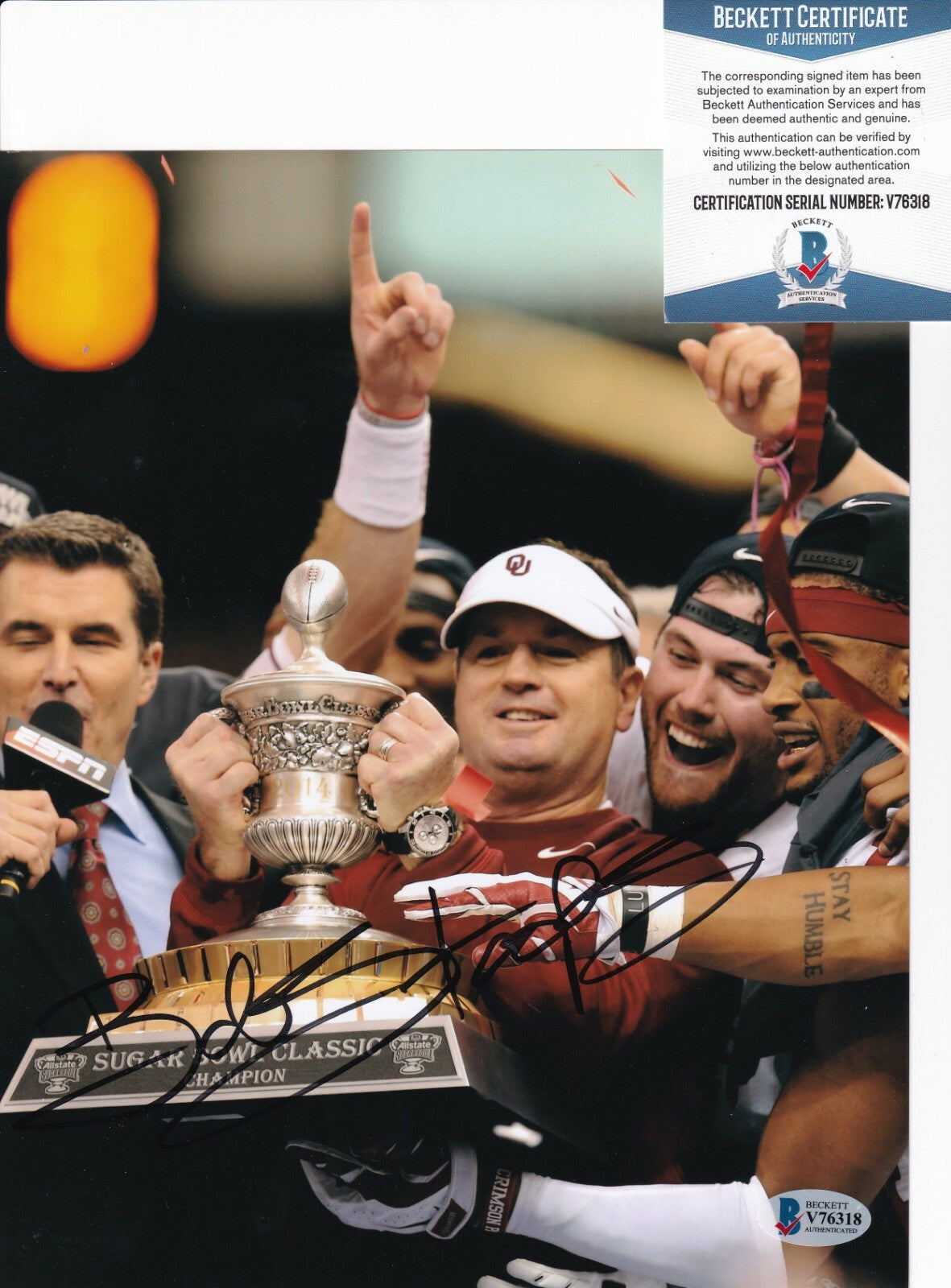 BOB STOOPS signed (OKLAHOMA SOONERS) FOOTBALL 8X10 photo BECKETT BAS V76318