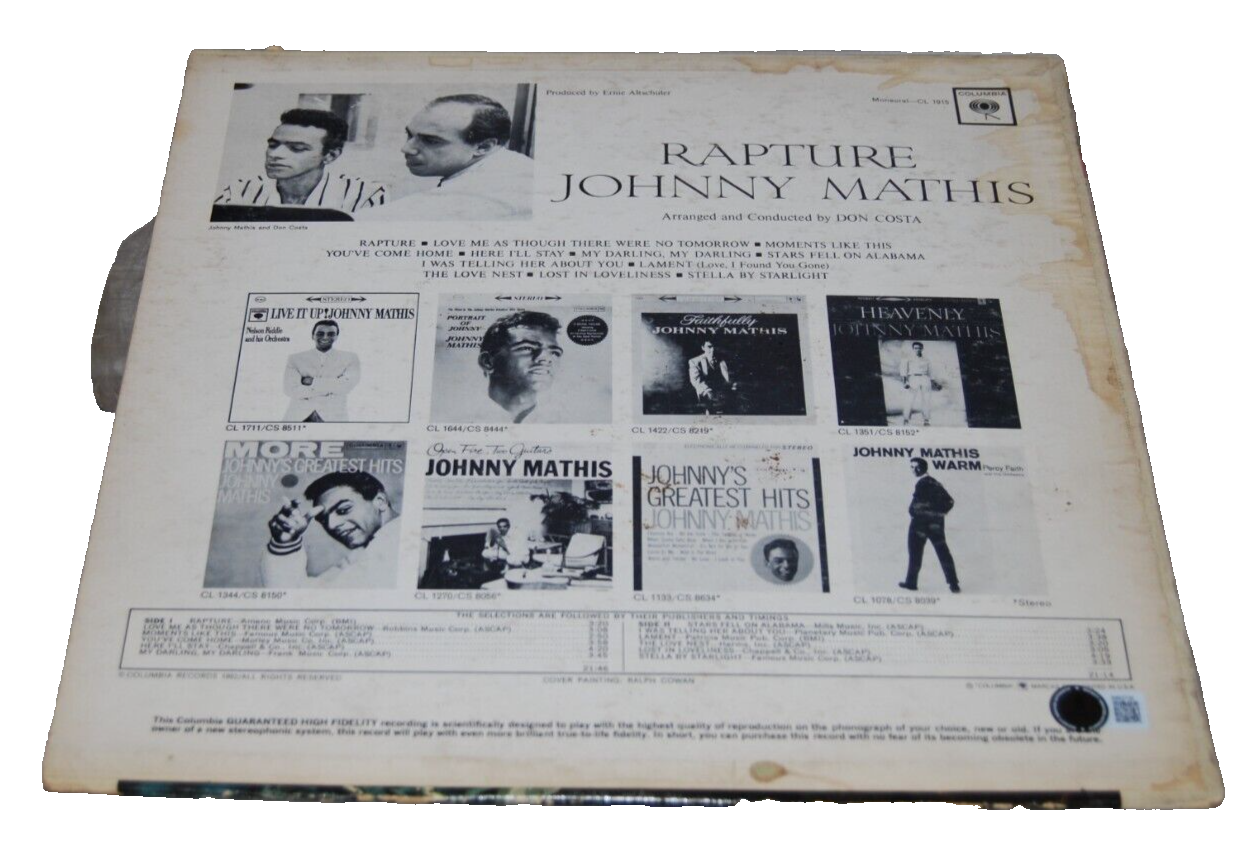 JOHNNY MATHIS signed (RAPTURE) Vinyl Album Record BECKETT BAS BM027329