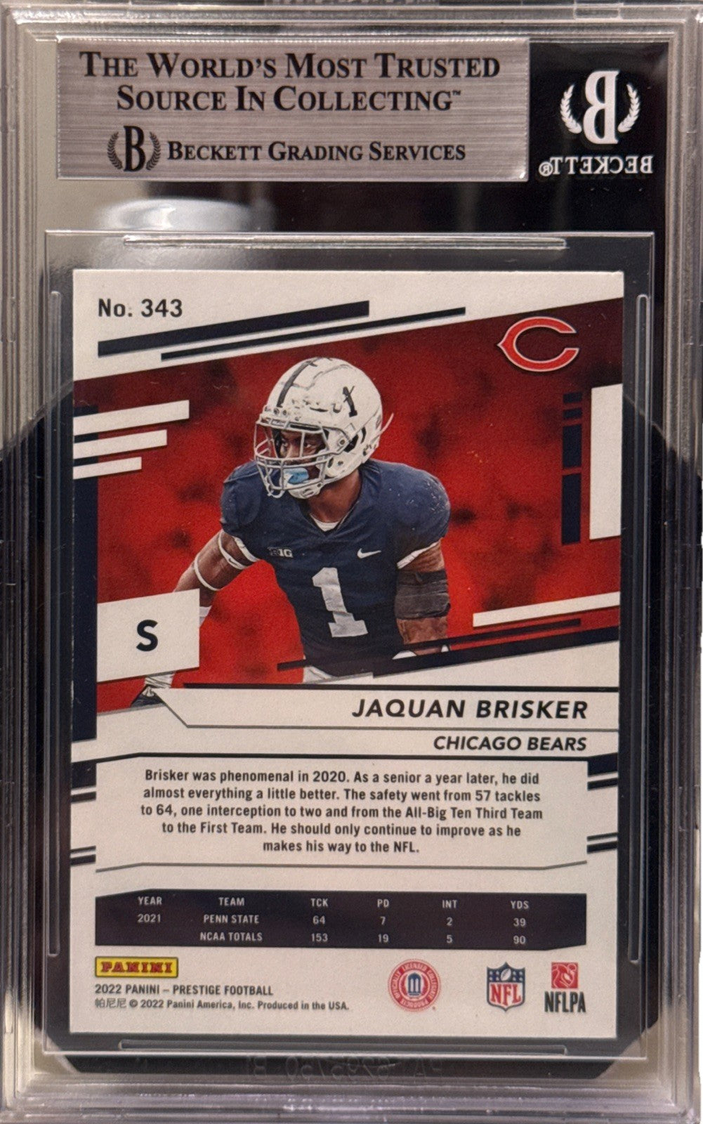 Jaquan Brisker signed Chicago Bears 2022 Prestige RC Card Beckett 00033535897