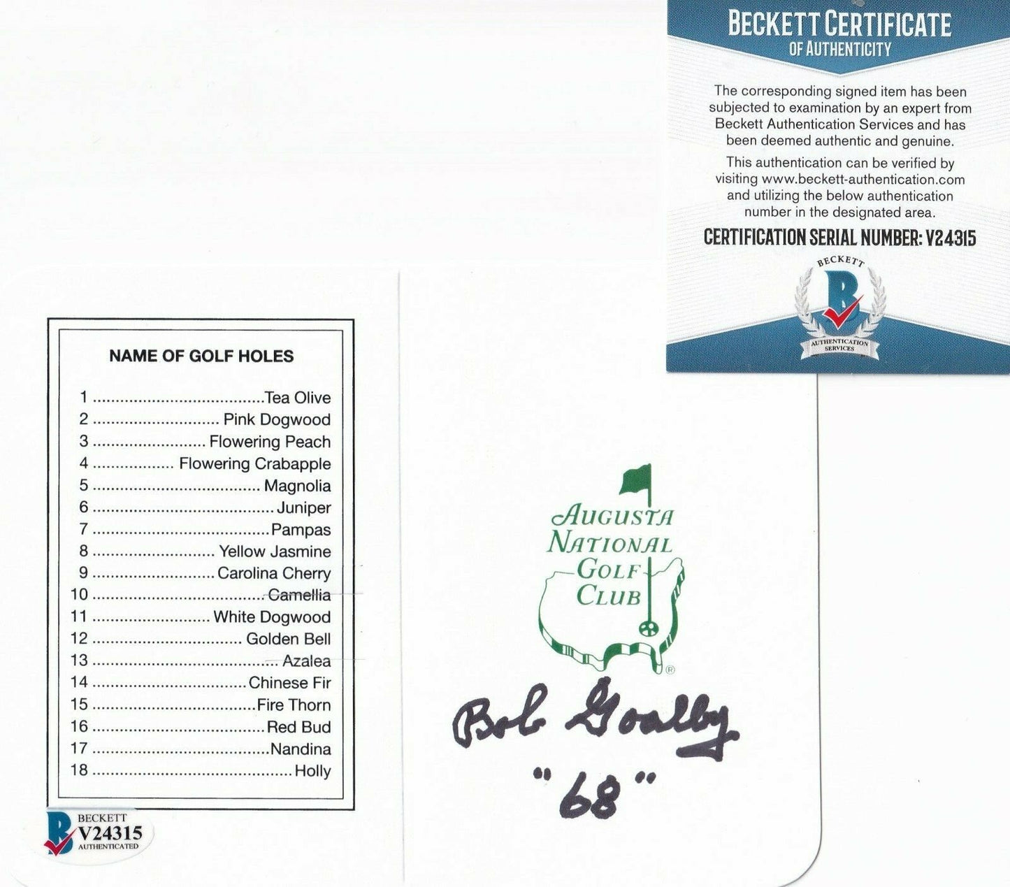 BOB GOALBY signed (AUGUSTA NATIONAL CLUB) Masters Scorecard BECKETT BAS V24315