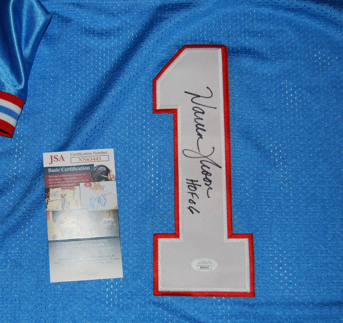 WARREN MOON signed (HOUSTON OILERS) #1 custom autographed football jersey JSA 