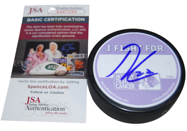 LUKAS REICHEL signed (CHICAGO BLACKHAWKS) CANCER hockey puck JSA COA AJ47399