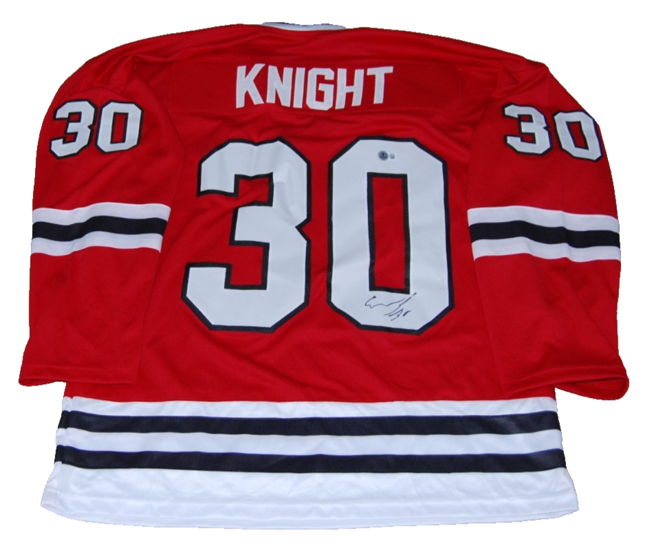 SPENCER KNIGHT signed (CHICAGO BLACKHAWKS) custom hockey jersey BECKETT BW61018