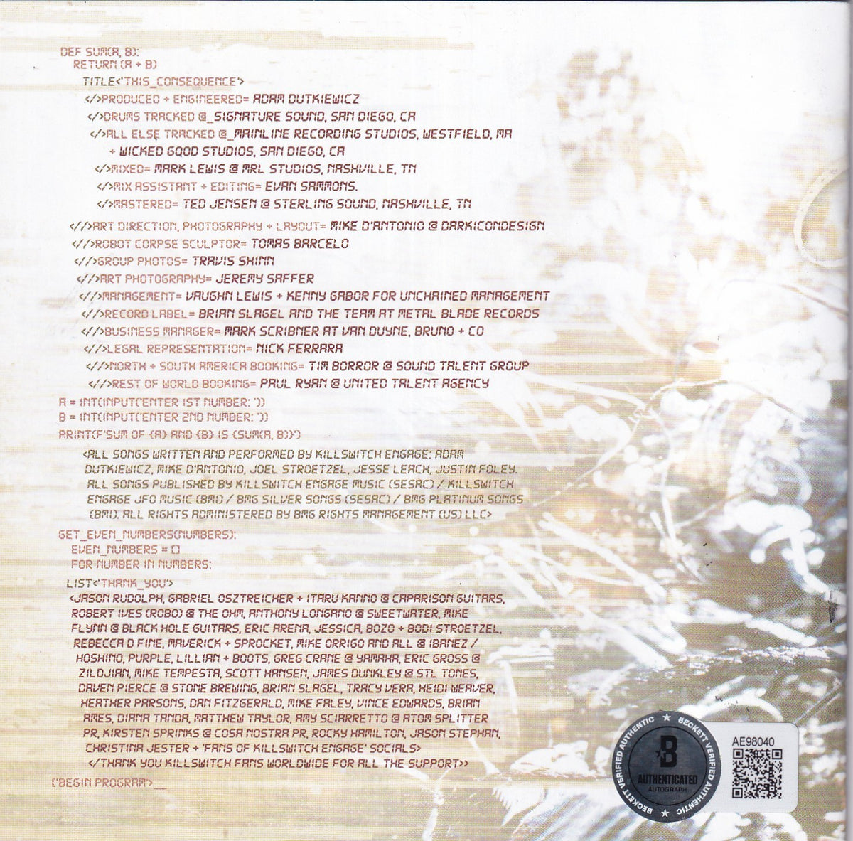 KILLSWITCH ENGAGE group signed (THE CONSEQUENCE) Cd Cover BECKETT BAS AE98040