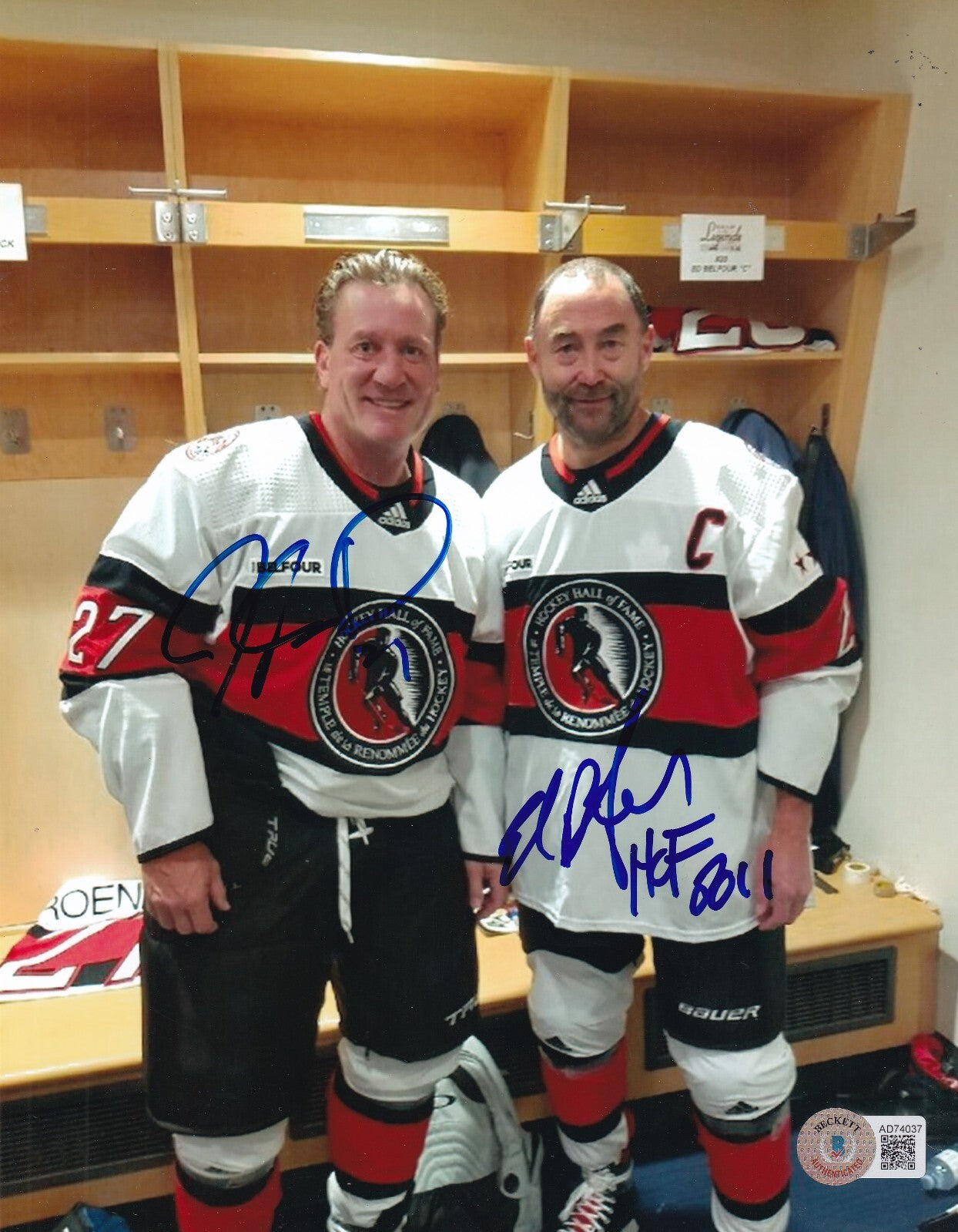 ED BELFOUR & JEREMY ROENICK signed (BLACKHAWKS) 8X10 photo BECKETT BAS AD74037