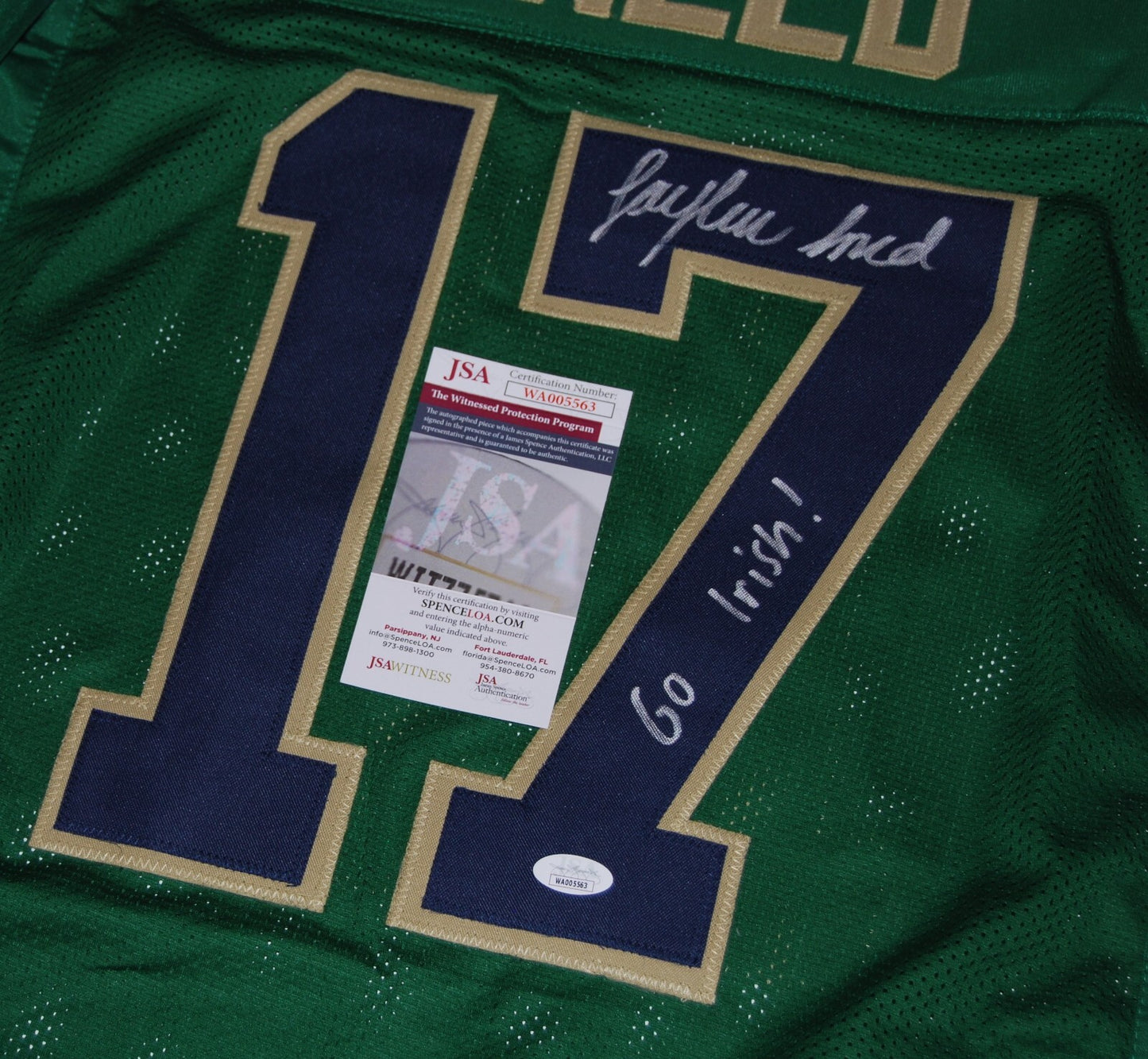 JAYLEN SNEED signed (NOTRE DAME FIGHTING IRISH) Go Irish Green XL jersey JSA 