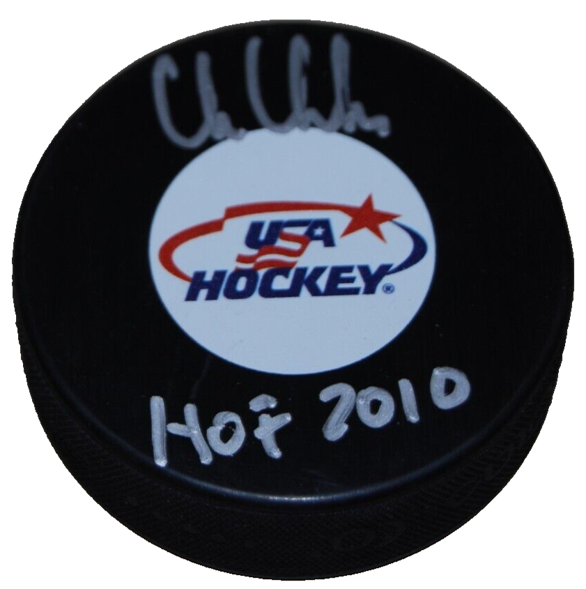 CHRIS CHELIOS signed (TEAM USA) Blackhawks hockey puck BECKETT BR67648