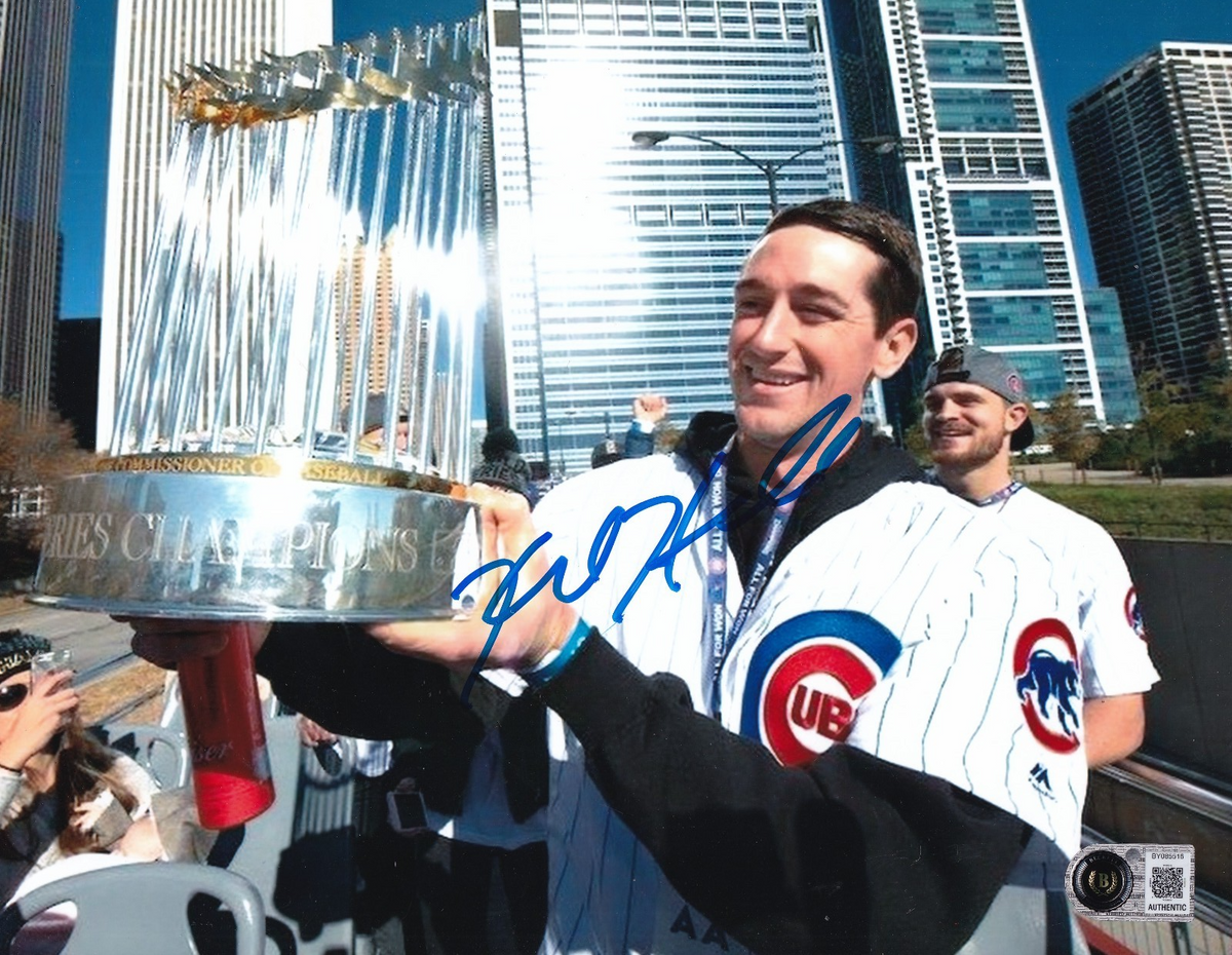 KYLE HENDRICKS signed (CHICAGO CUBS) WORLD SERIES baseball 8X10 BECKETT BY085516