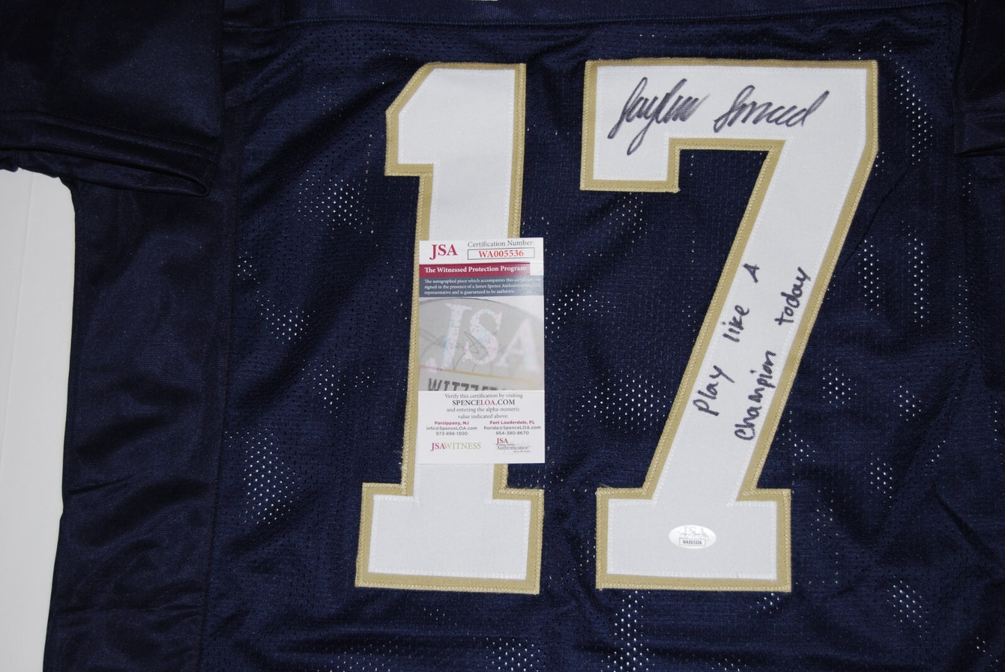 JAYLEN SNEED signed (NOTRE DAME FIGHTING IRISH) PLACT BLUE XL jersey JSA Witness