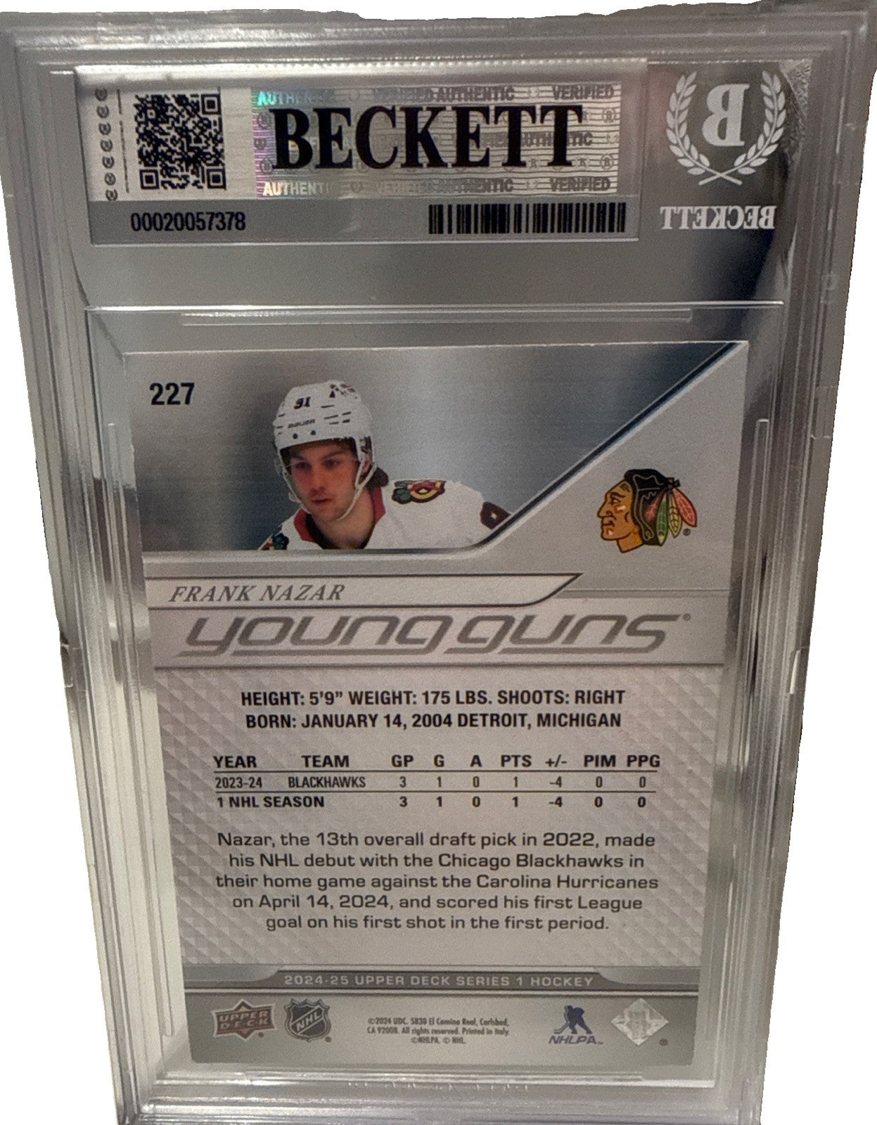 FRANK NAZAR signed 2024-25 Chicago Blackhawks Young Guns #227 card RC Beckett FN